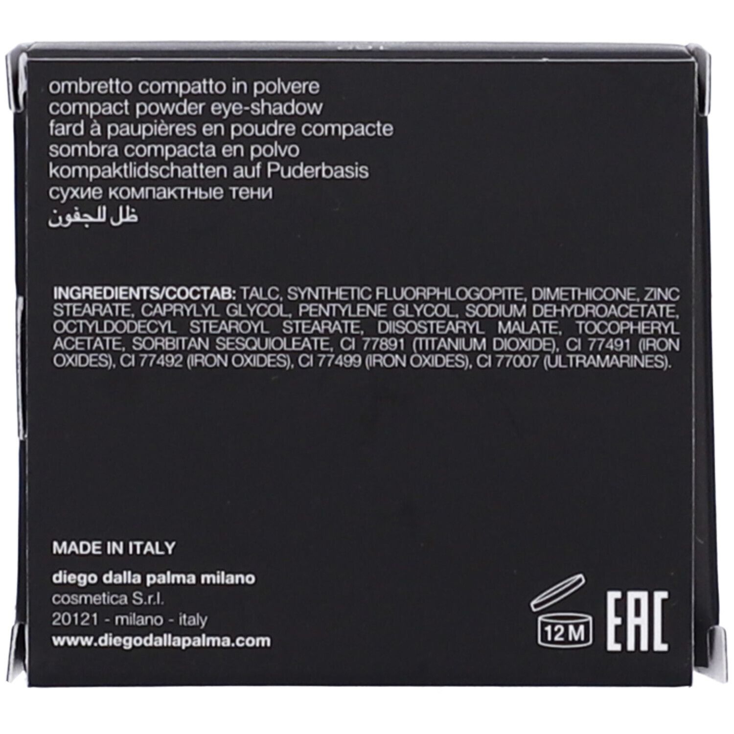 Confezione nera con testo: Ombretto compatto, ingredienti, Made in Italy, Diego dalla Palma Milano, 12M, EAC.