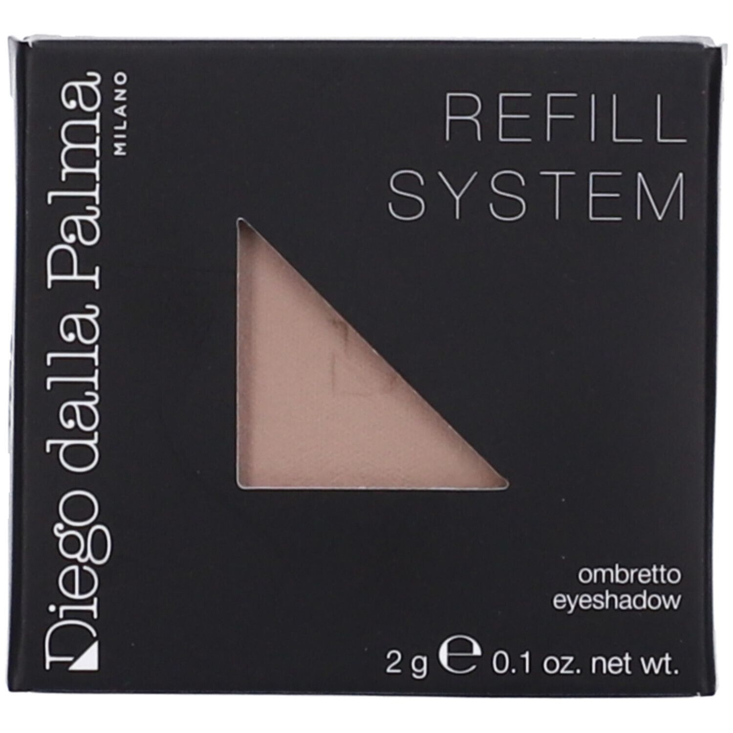 Confezione quadrata nera con ombretto beige. Testo: Diego dalla Palma Milano, Refill System, Ombretto, 2 g.