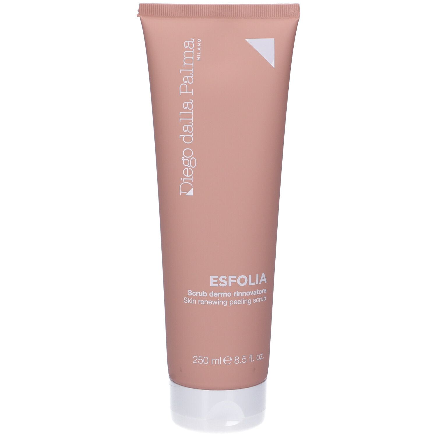 Tubo rosa con tappo bianco. Scritta: Diego Dalla Palma, ESFOLIA, Skin renewing peeling scrub. 250 ml.