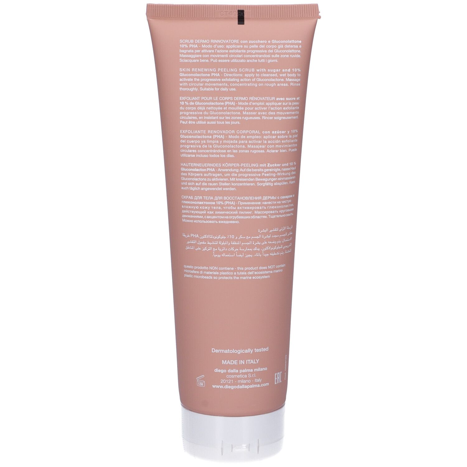 Retro del tubo. Testo multilingue. Dermatologicamente testato. Made in Italy.