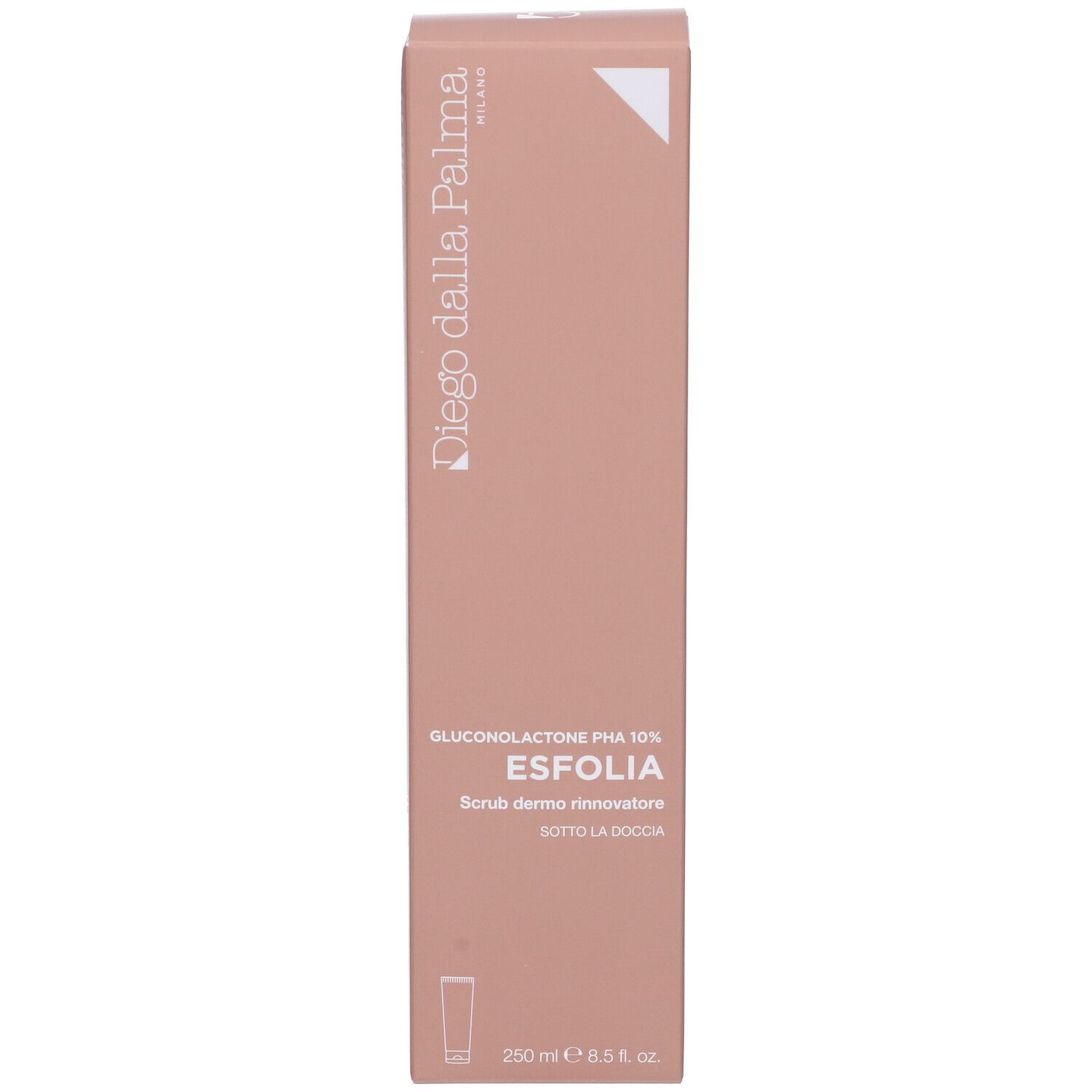 Confezione prodotto rosa. Scritta: Diego Dalla Palma, ESFOLIA, Skin renewing peeling scrub. 250 ml.