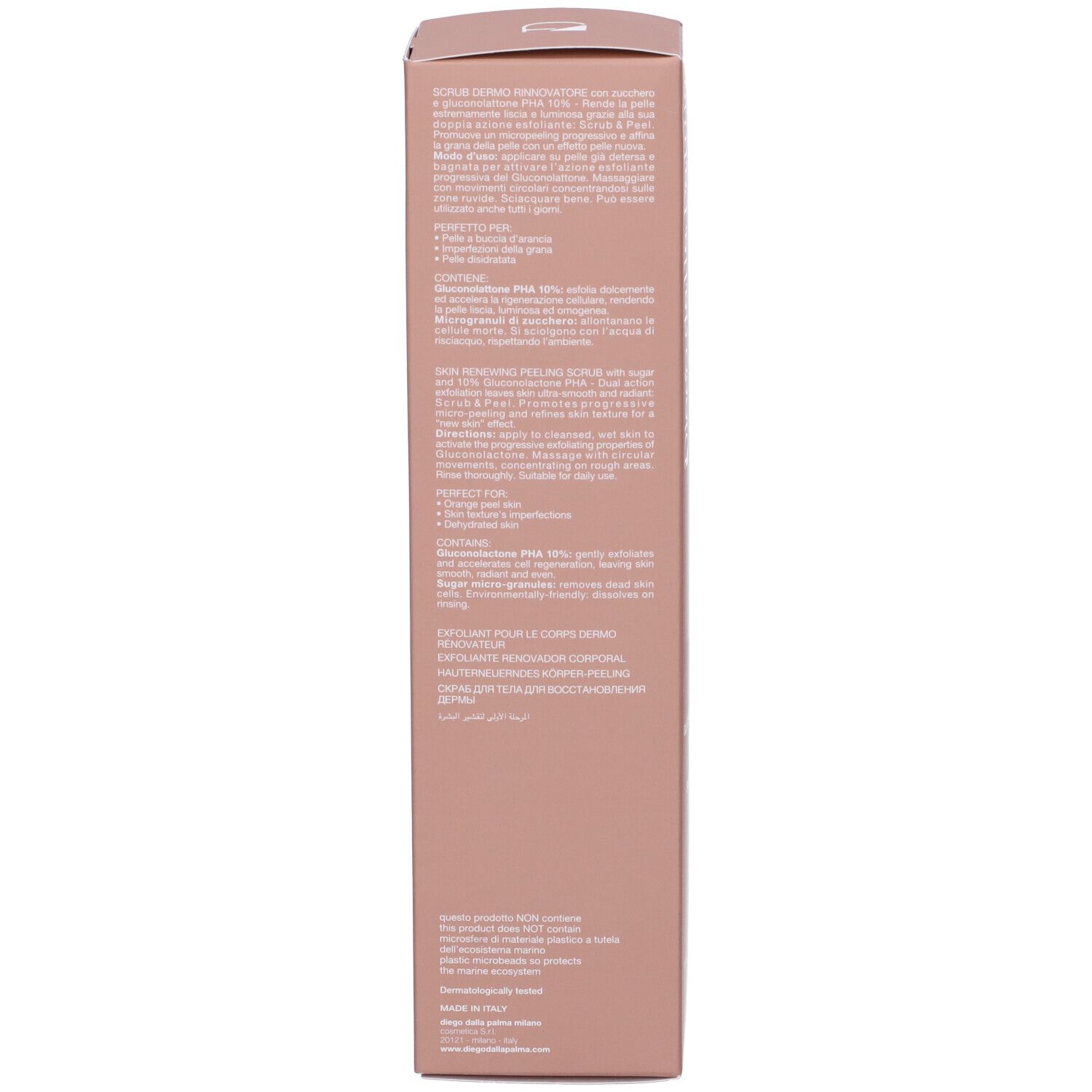 Confezione prodotto. Testo multilingue. Dermatologicamente testato. Made in Italy. Ingredienti.