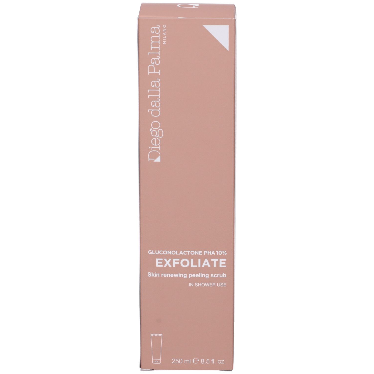 Confezione prodotto rosa. Scritta: Diego Dalla Palma, EXFOLIATE, Skin renewing peeling scrub. 250 ml.