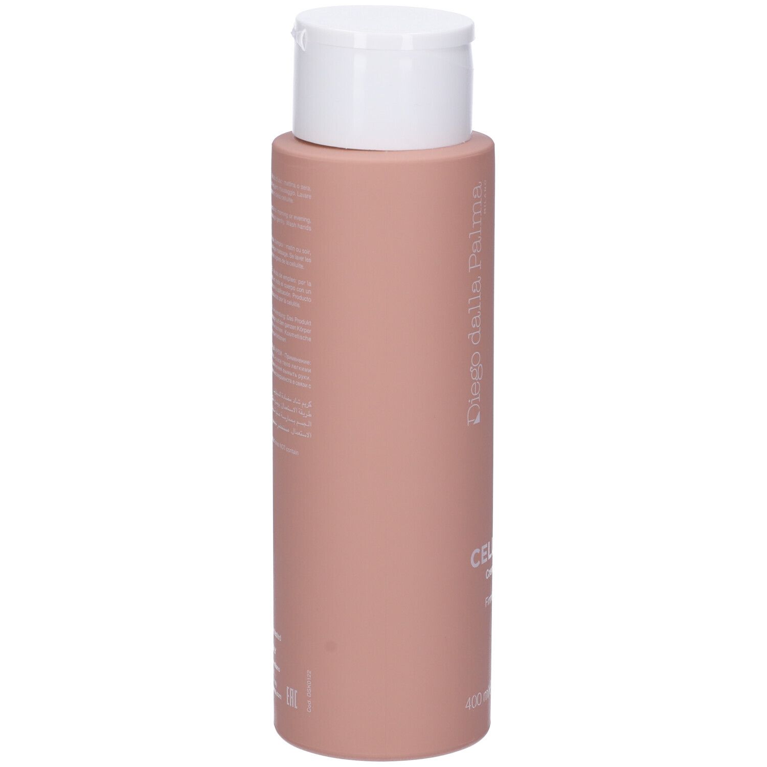 Flacone rosa con tappo bianco. Retro con testo. Diego Dalla Palma.