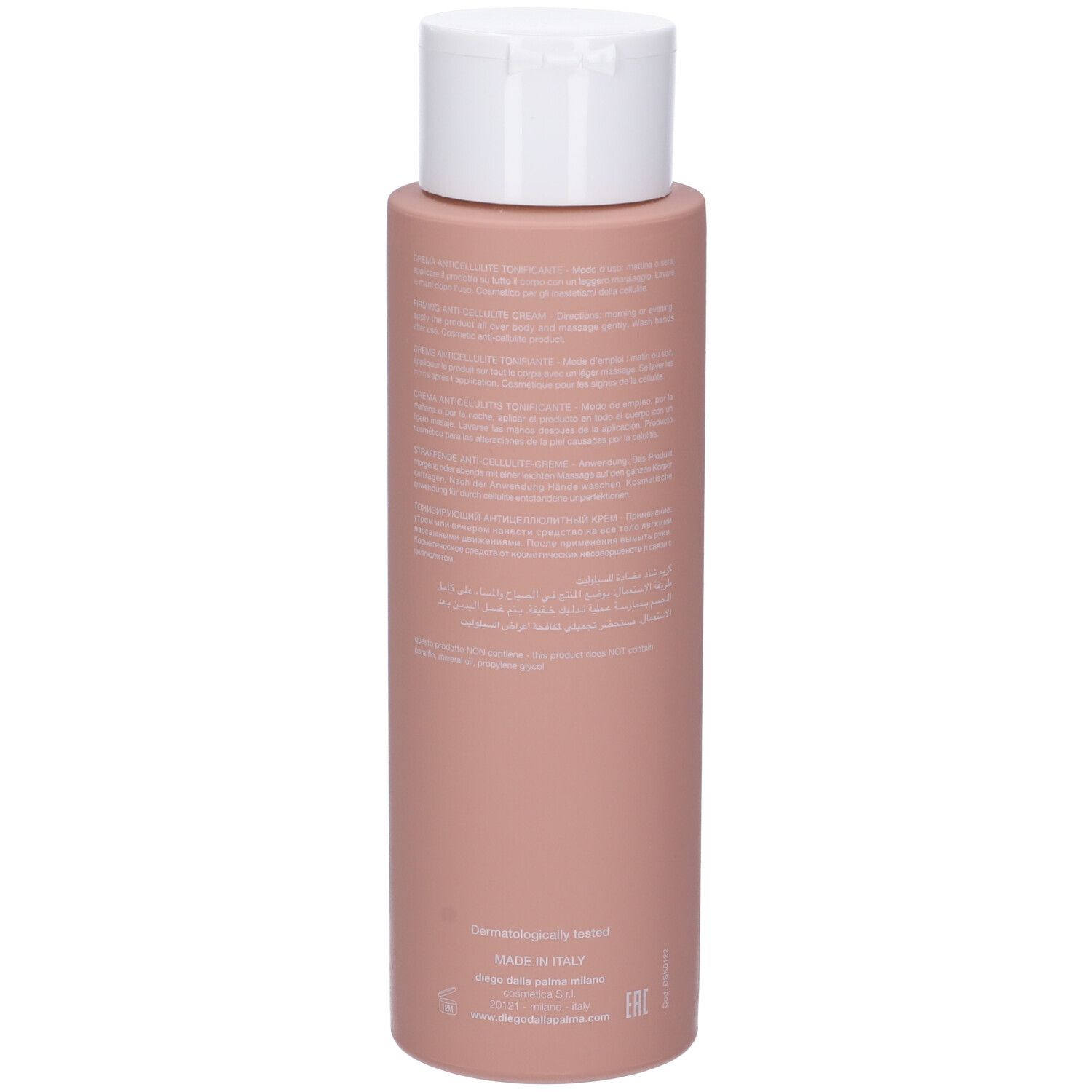 Flacone rosa con tappo bianco. Retro con testo. Diego Dalla Palma.