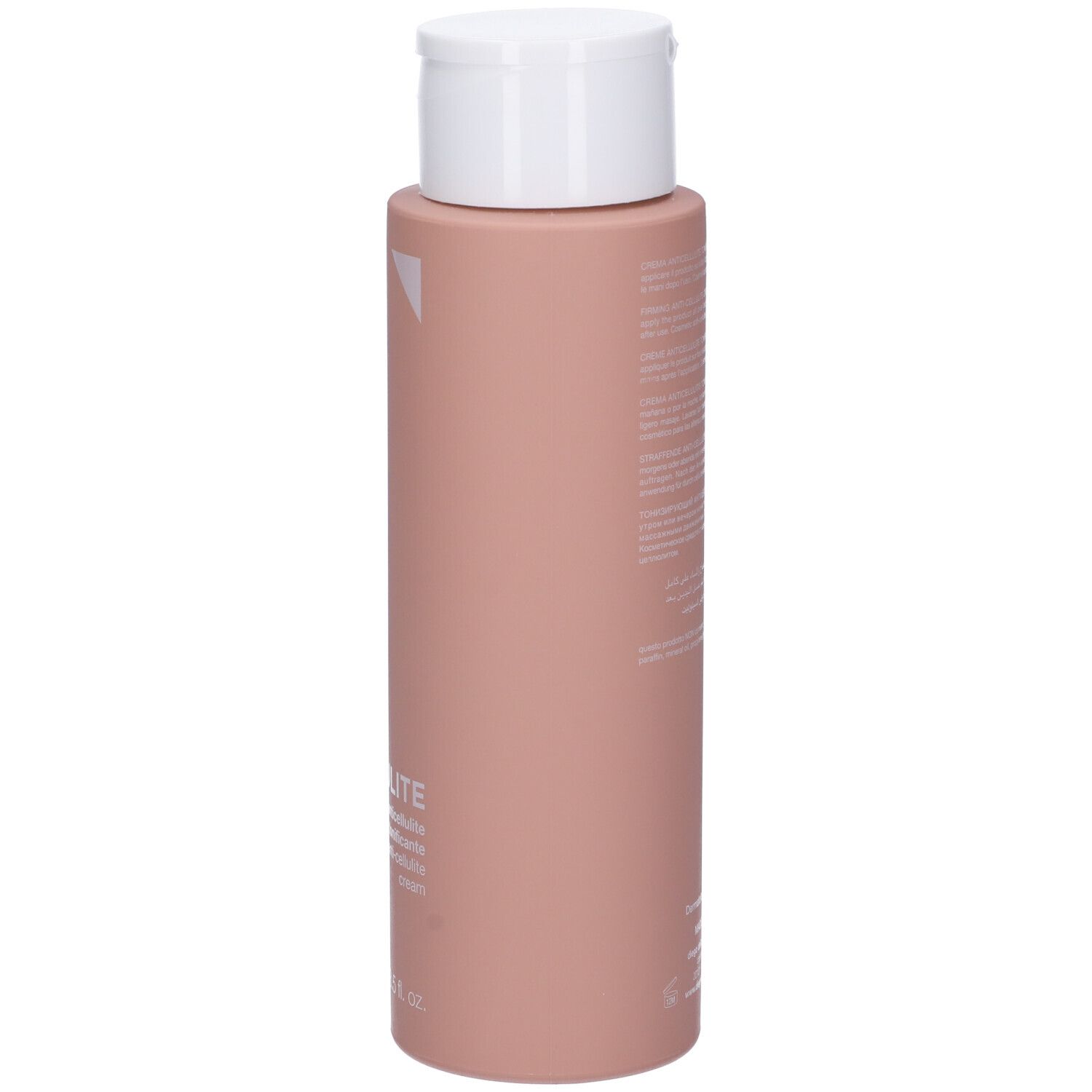 Flacone rosa con tappo bianco. Lato con testo. Diego Dalla Palma.