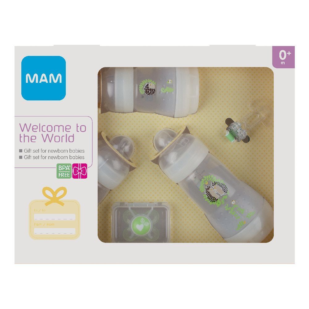 Set regalo per neonati. Include biberon, tettarelle e accessori. Senza BPA. Con logo MAM e testo sulla confezione.