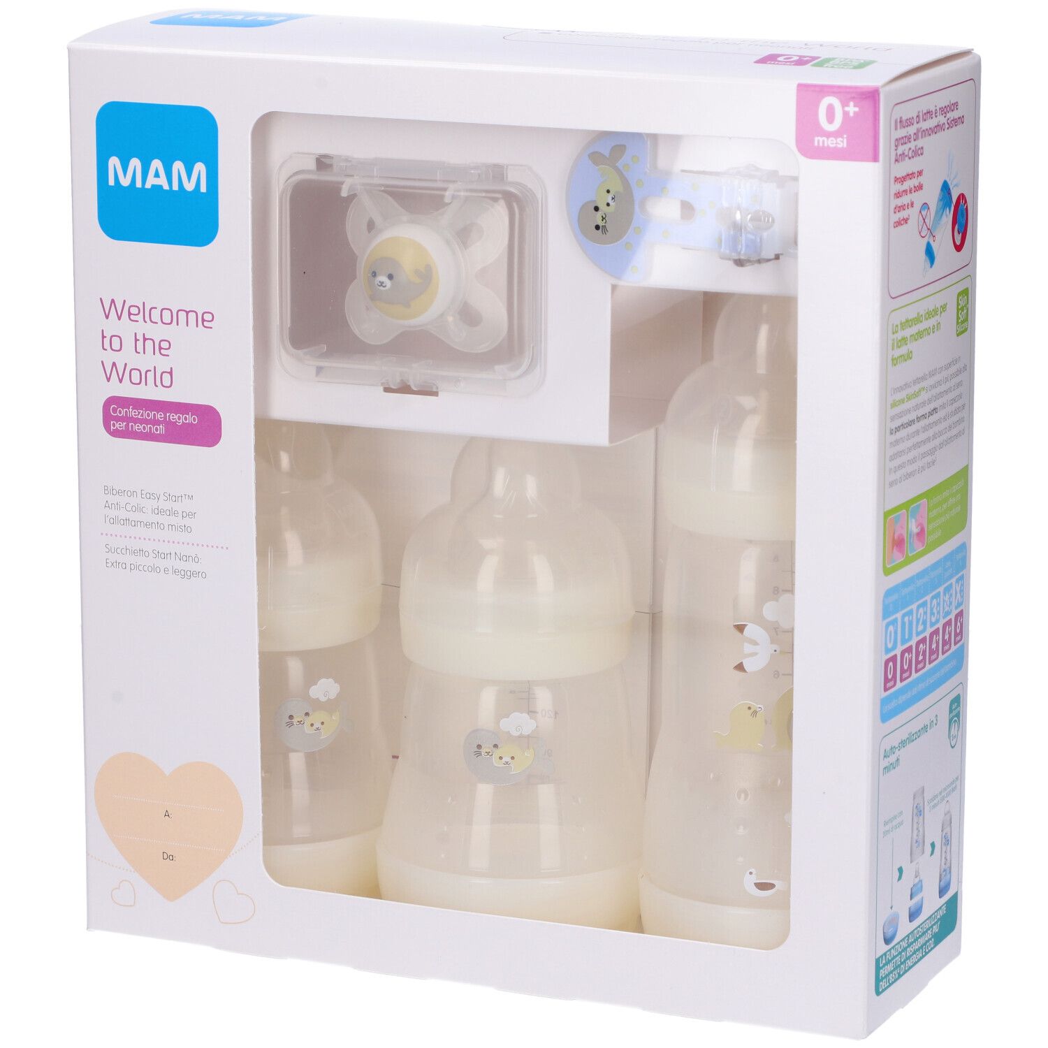 Set regalo per neonati. Include biberon e succhietto. Confezione con logo MAM e testo. Età: 0+ mesi.