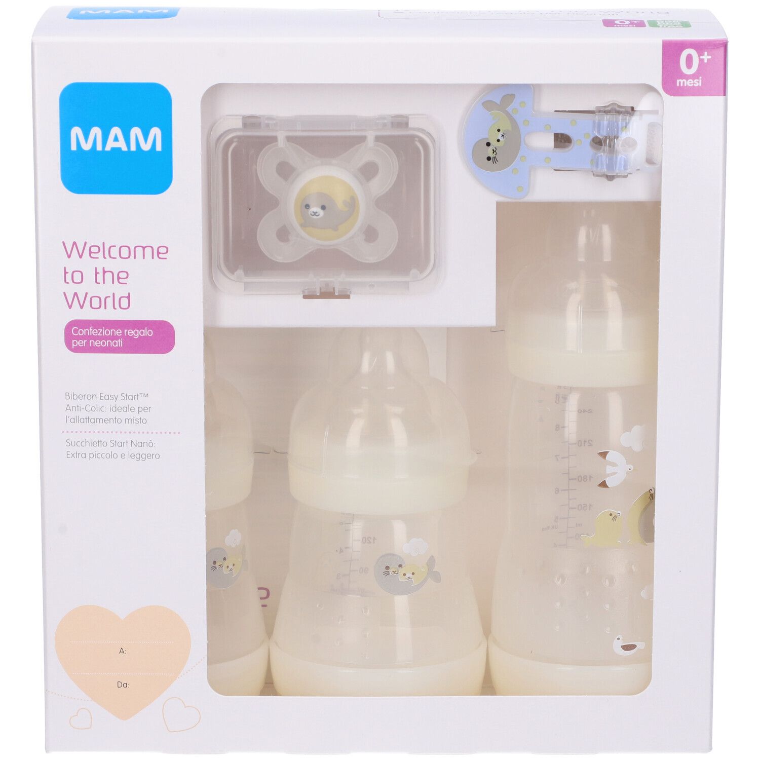 Set regalo per neonati. Include biberon, succhietto e accessori. Confezione con logo MAM e testo. Età: 0+ mesi.