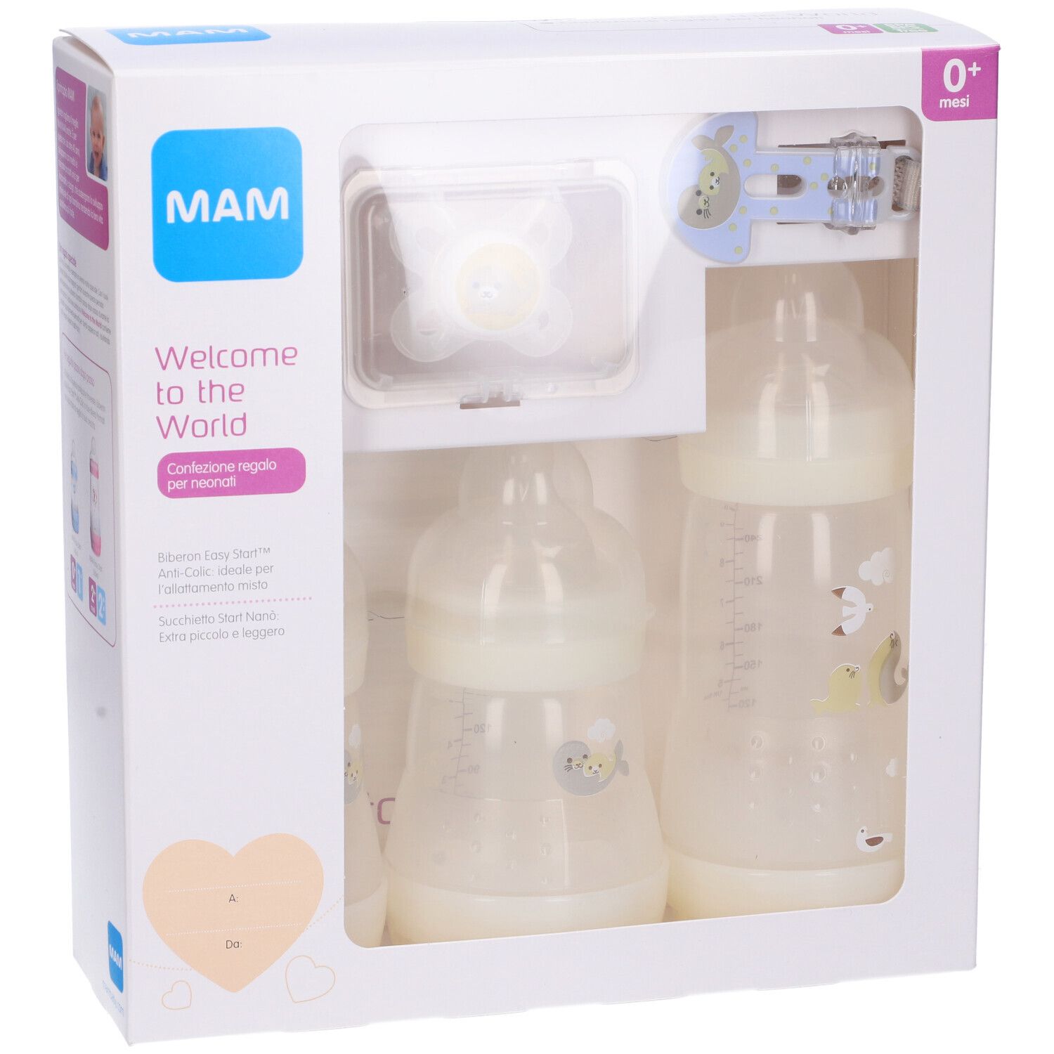 Set regalo per neonati. Include biberon, succhietto e accessori. Confezione con logo MAM e testo. Età: 0+ mesi.