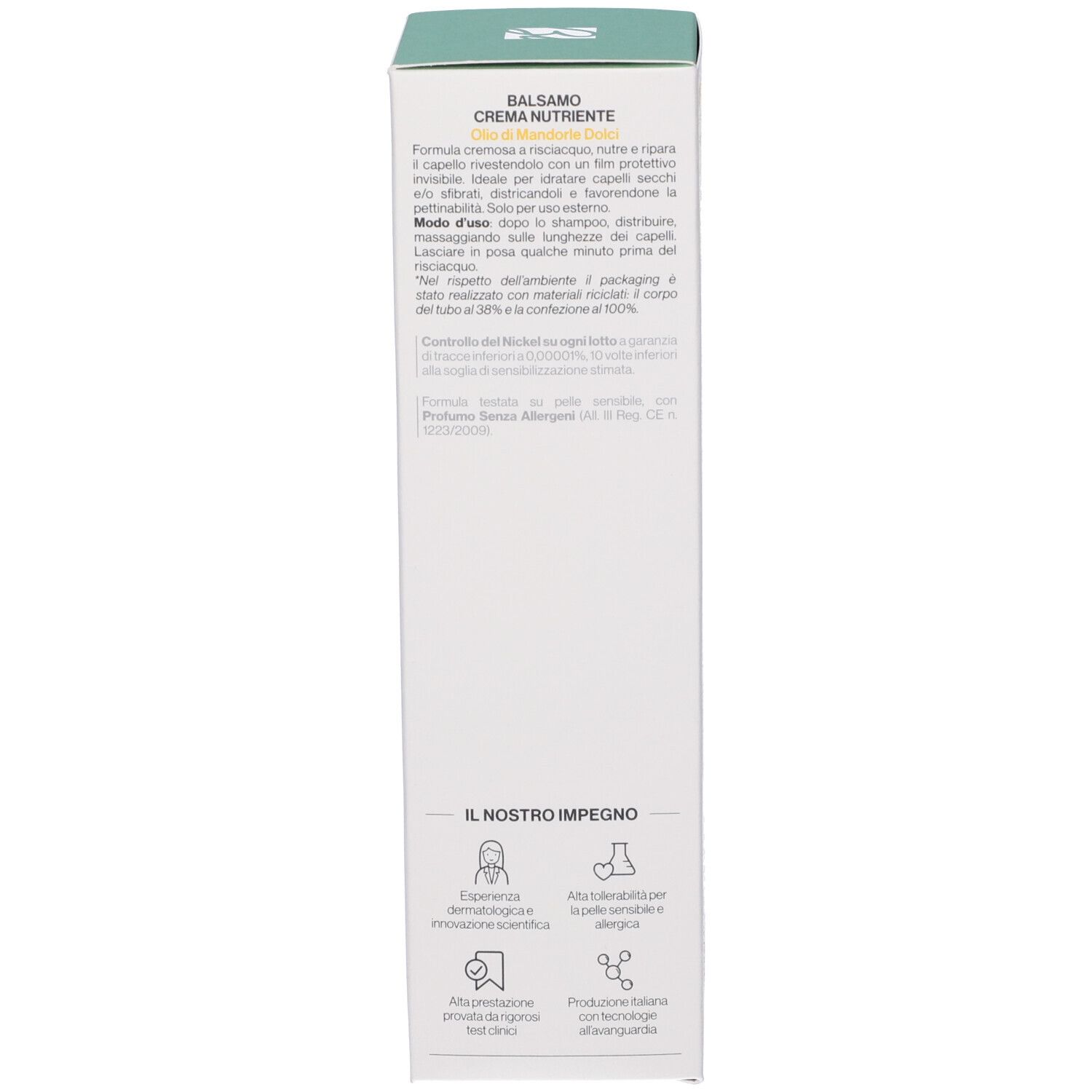 Balsam-Creme für das Haar, Nährstoffreich. Weiße Verpackung mit türkisfarbenem Deckel.