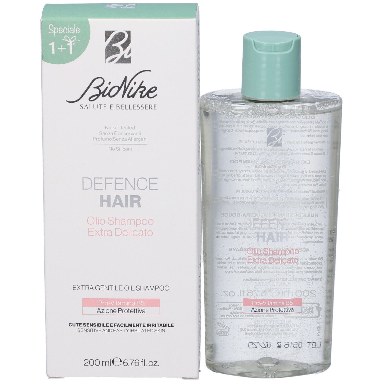 BioNike Defence Hair Öl Shampoo Extra Delicato, 200ml. Klare Flüssigkeit in transparenter Flasche mit hellgrünem Verschluss.