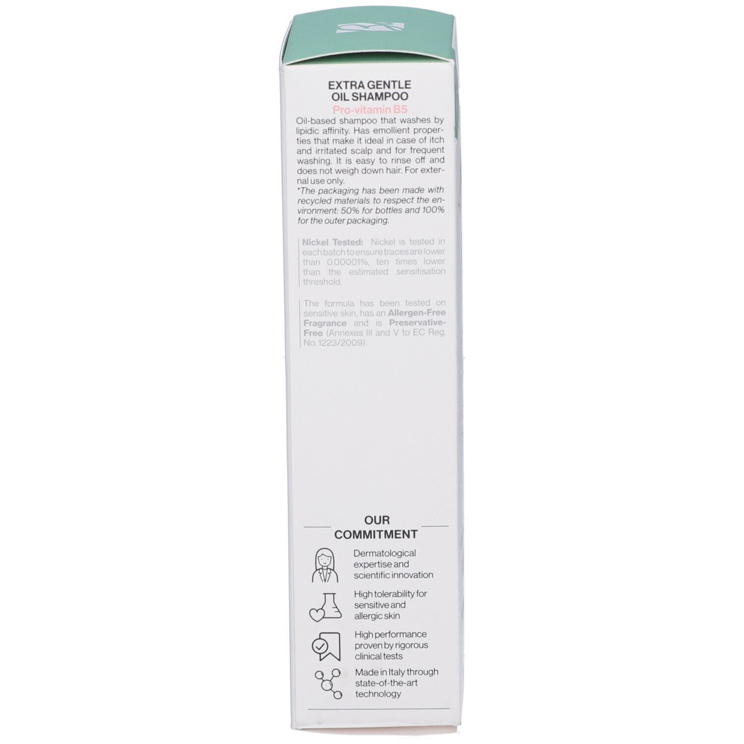 Verpackung Extra Gentle Oil Shampoo, dermatologische Expertise, Made in Italy.