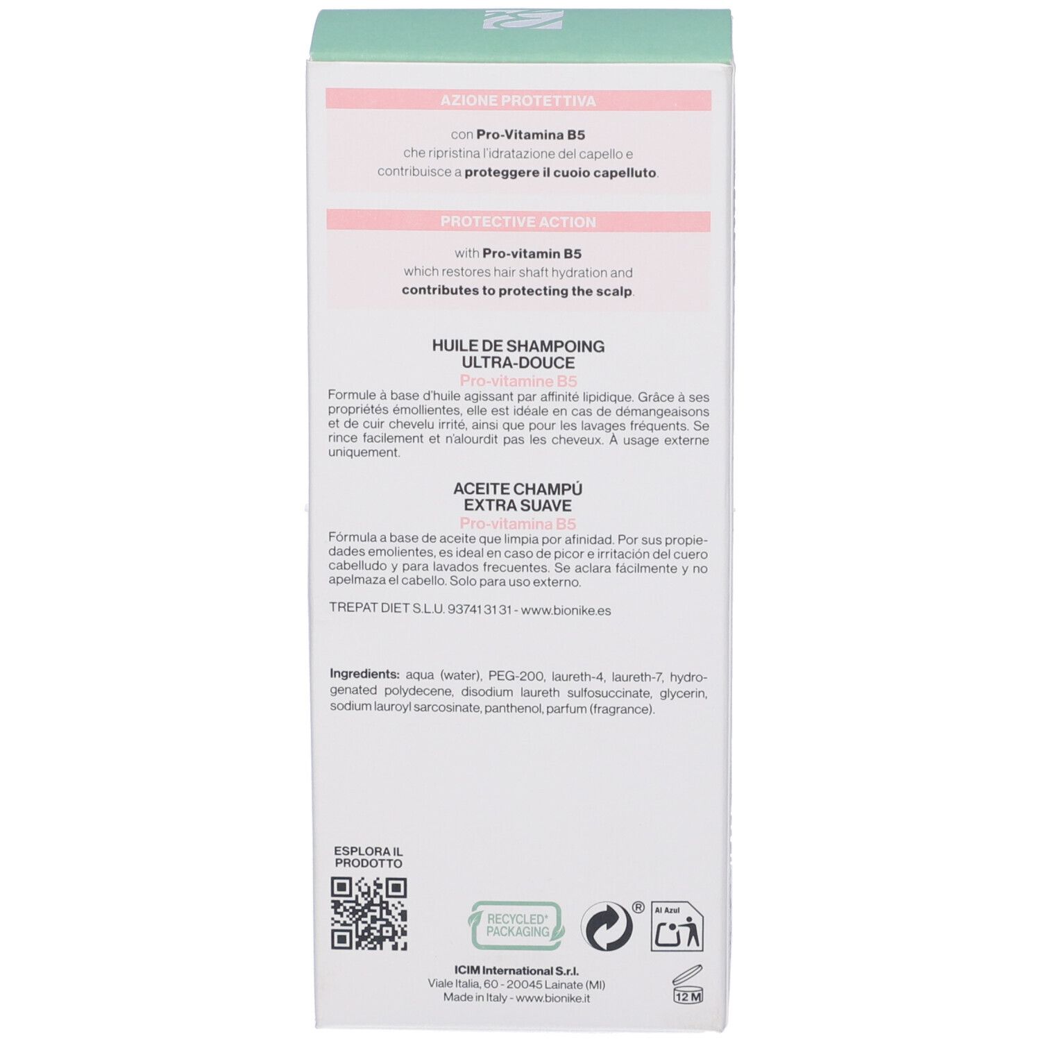 Bionike Shampoo Ultra-Douce mit Pro-Vitamin B5 für Haar und Kopfhaut. Inhaltsstoffe und Recycling-Hinweise sichtbar.