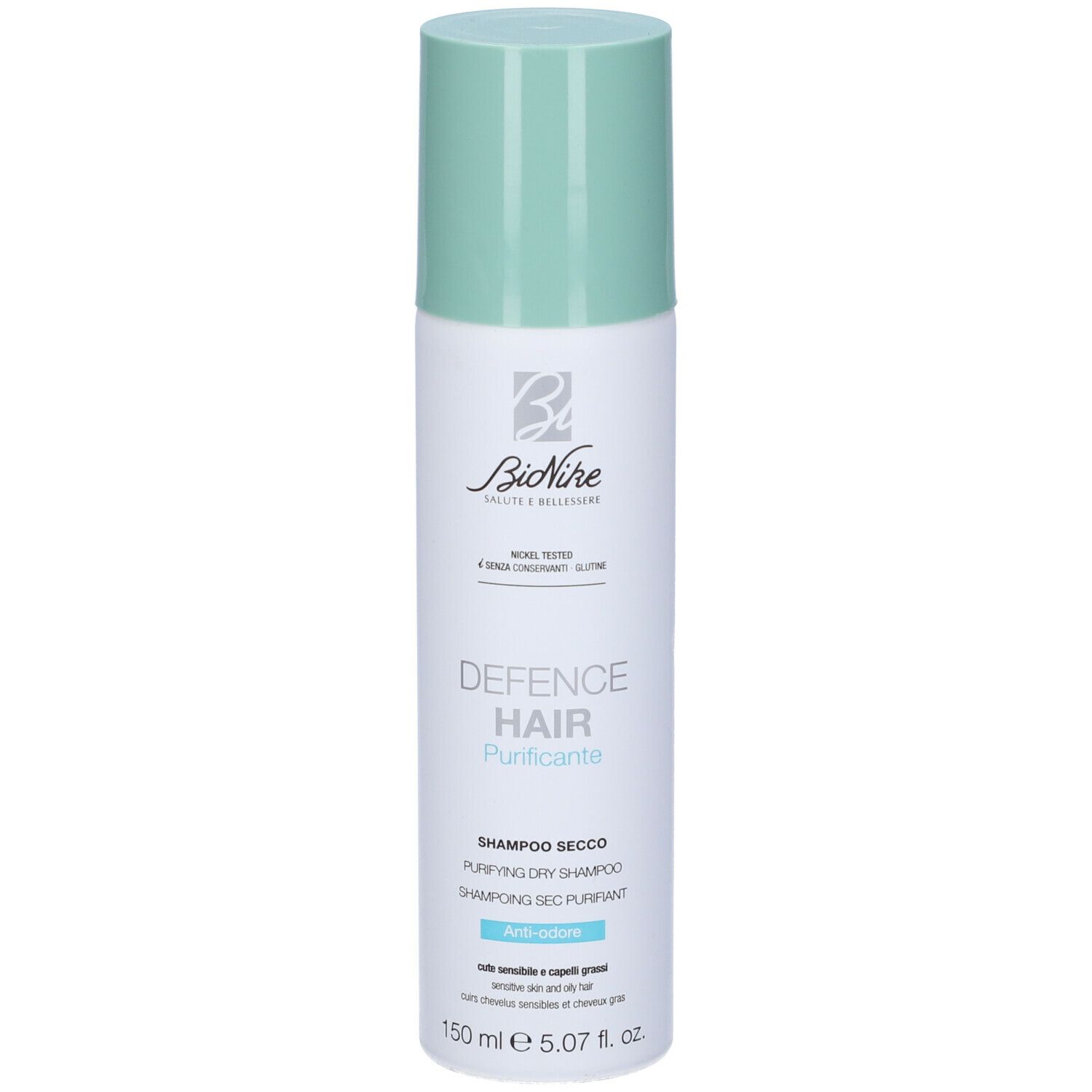 Bionike Defence Hair Shampoo Secco Purificante. Flacone bianco con tappo verde. Nome del prodotto e logo visibili.