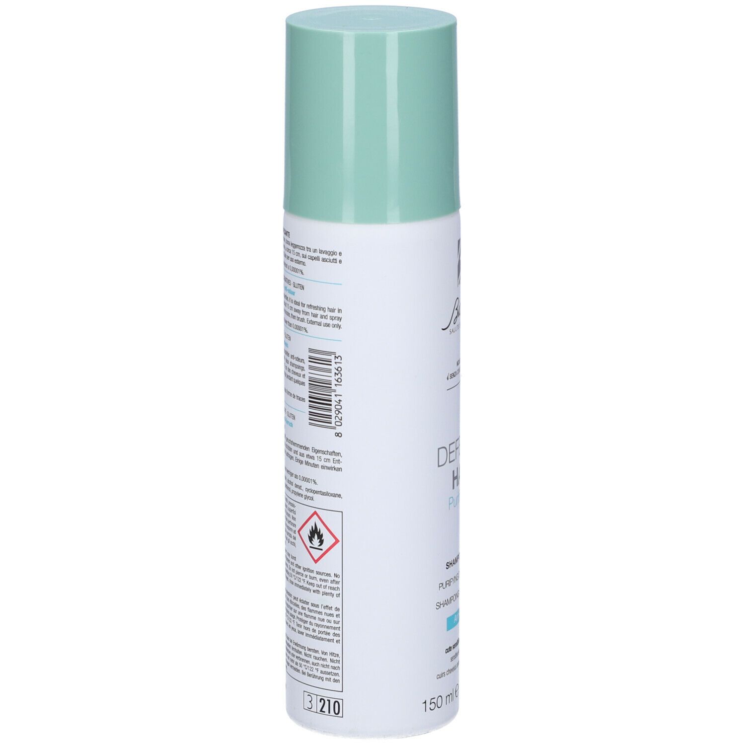 Bionike Defence Hair Shampoo Secco Purificante. Retro del flacone con testo e simboli. Tappo verde.