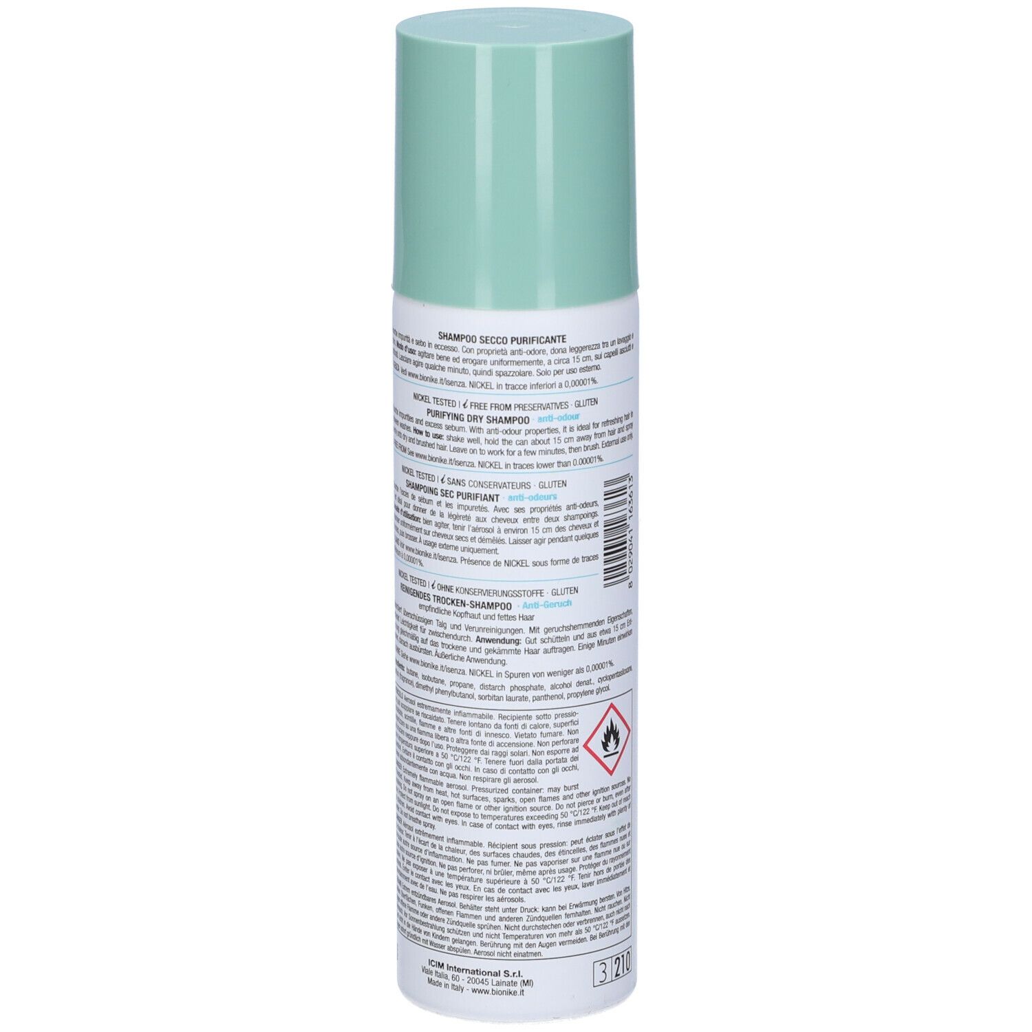 Bionike Defence Hair Shampoo Secco Purificante. Retro del flacone con testo e simboli. Tappo verde.