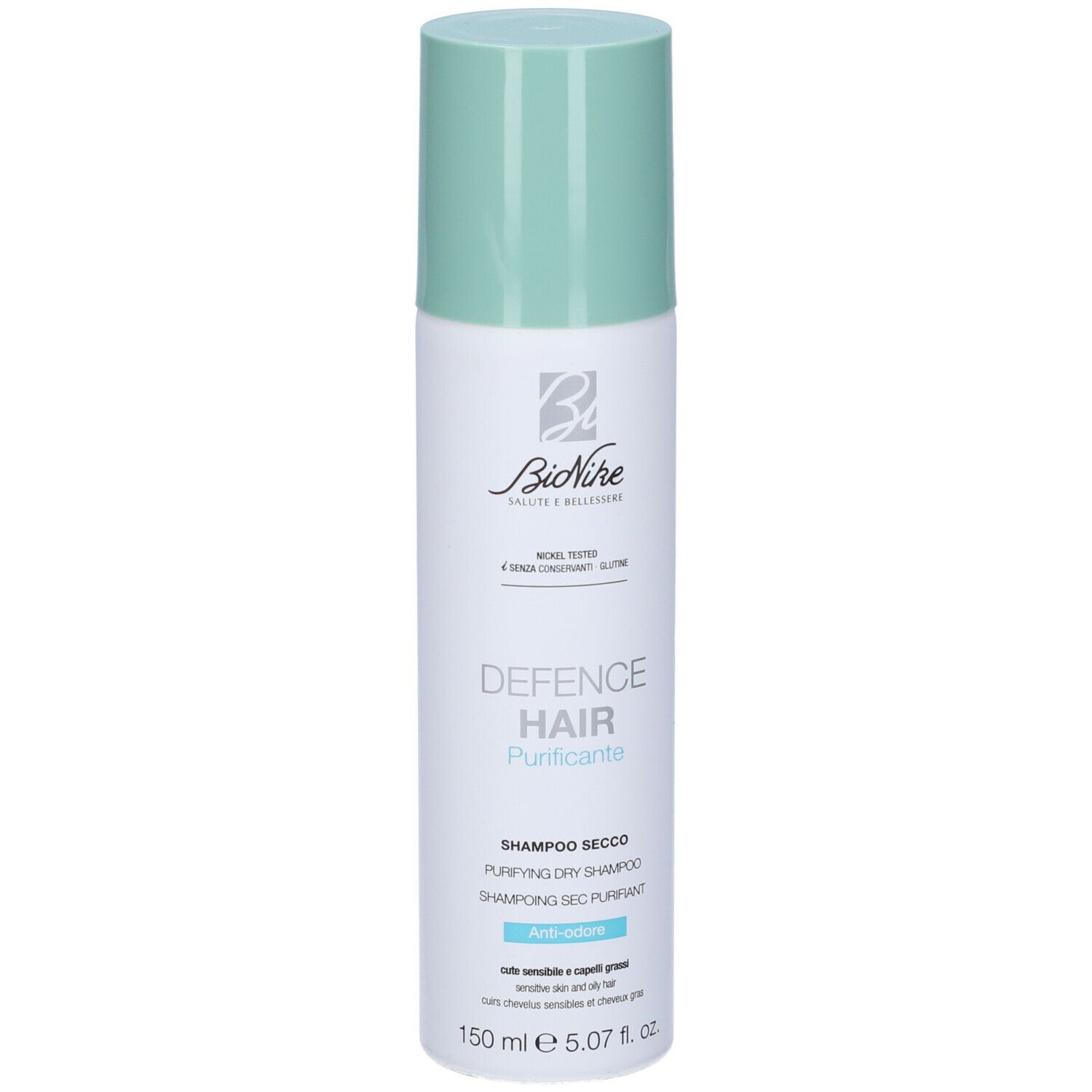 Bionike Defence Hair Shampoo Secco Purificante. Flacone bianco con tappo verde. Nome del prodotto e logo visibili.