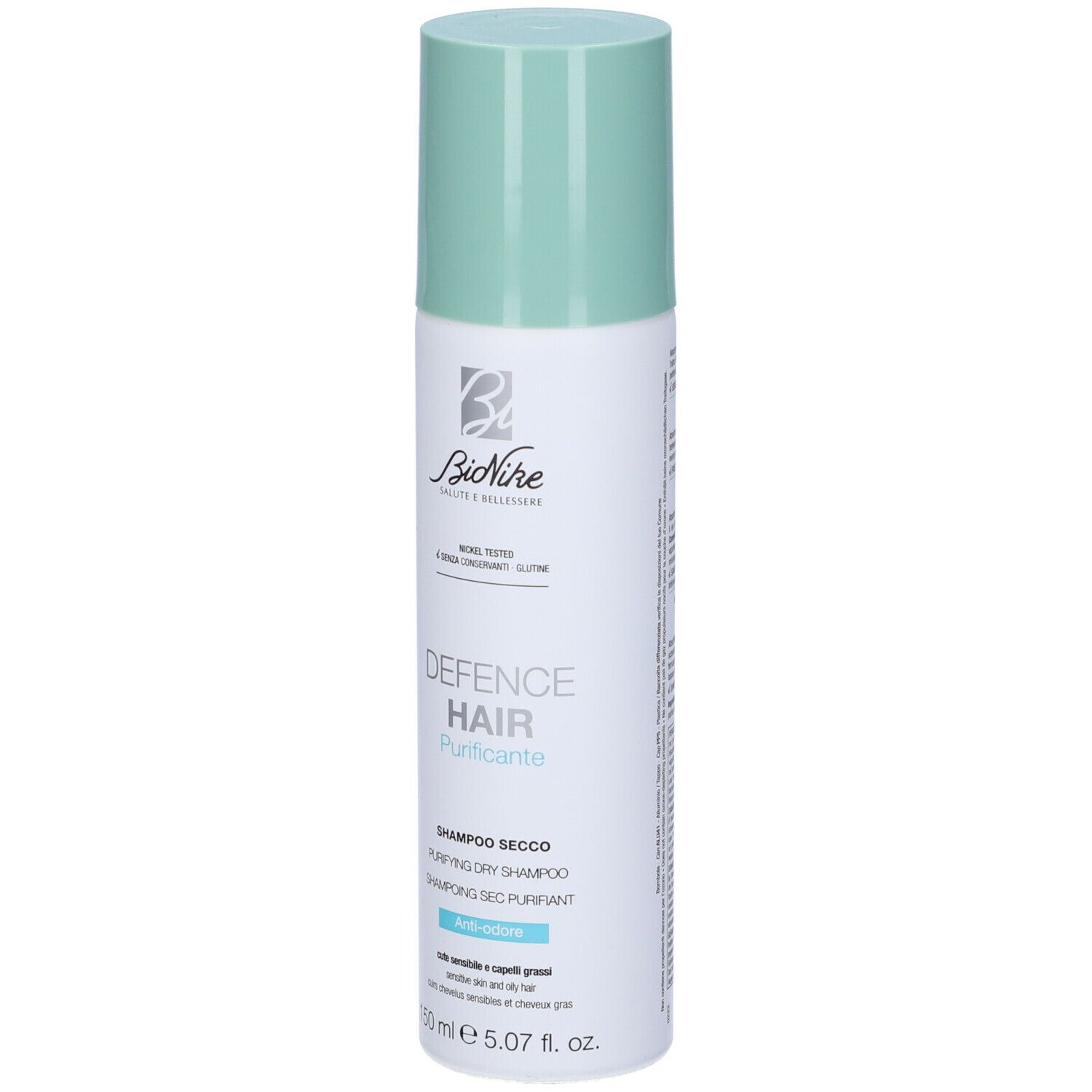 Bionike Defence Hair Shampoo Secco Purificante. Flacone bianco con tappo verde. Nome del prodotto e logo visibili.