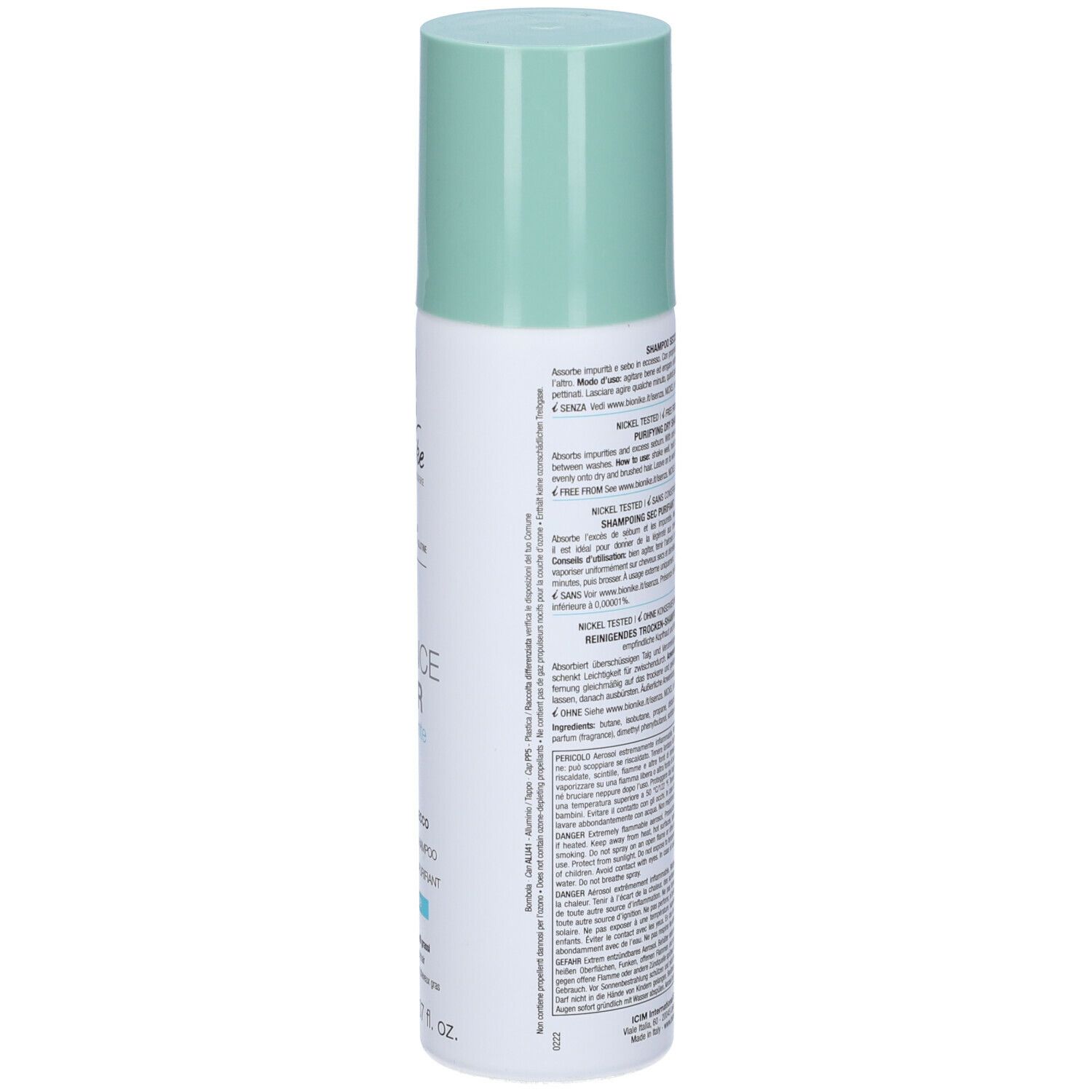 Bionike Defence Hair Shampoo Secco Purificante. Flacone, retro con testo. Tappo verde.