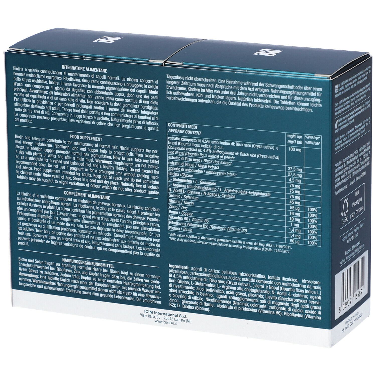 Retro della confezione Bionike Defence KS Tricocare Compresse. Ingredienti e informazioni nutrizionali.