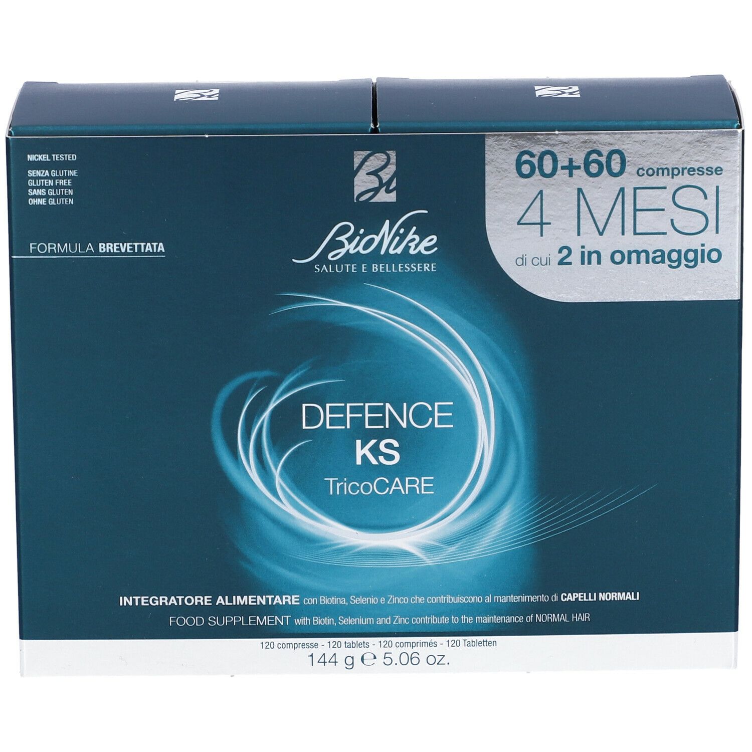 Confezione di Bionike Defence KS Tricocare Compresse. 120 compresse. 60+60 compresse, 4 mesi.