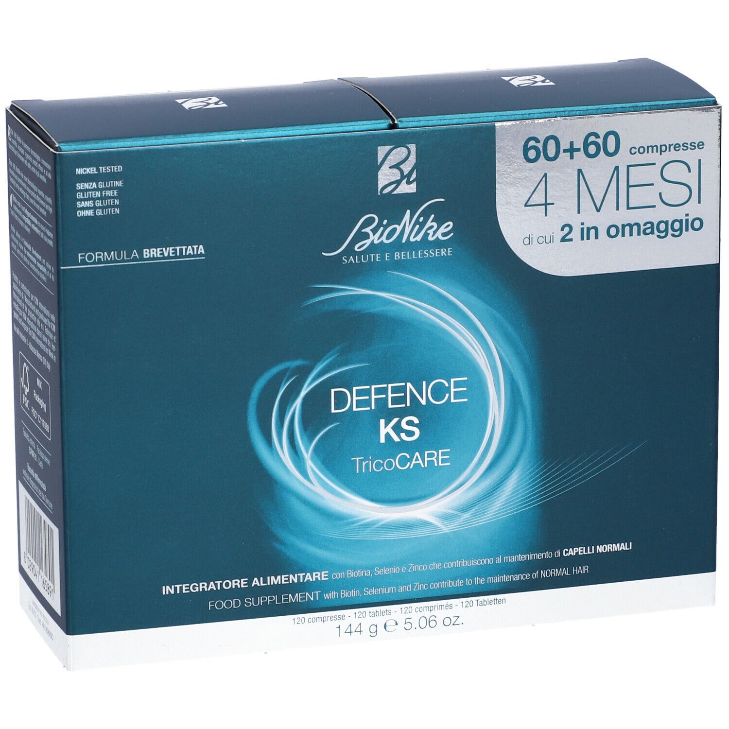 Confezione di Bionike Defence KS Tricocare Compresse. 120 compresse. 60+60 compresse, 4 mesi.
