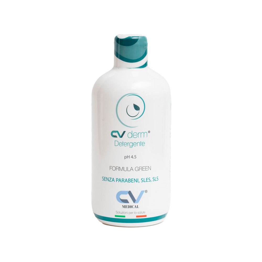 Flacone bianco con tappo verde. Scritta: CV derm Detergente, pH 4.5, SENZA PARABENI, SLES, SLS. Logo CV Medical.