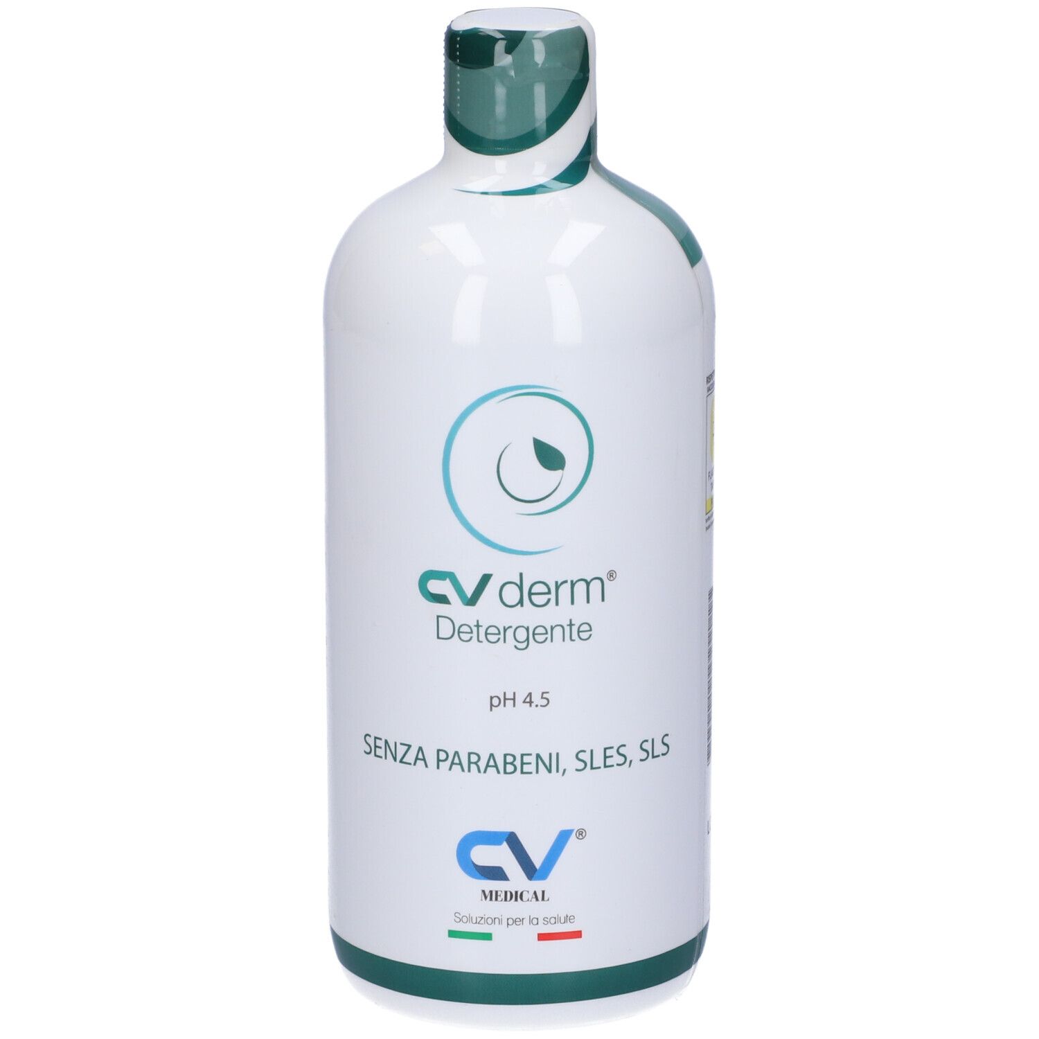 Flacone bianco con tappo verde. Scritta: CV derm Detergente, pH 4.5, SENZA PARABENI, SLES, SLS. Logo CV Medical.