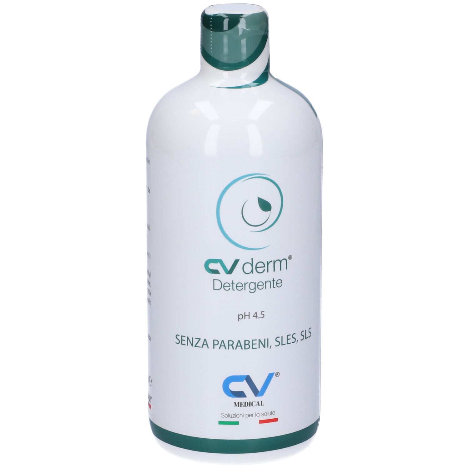 Flacone bianco con tappo verde. Scritta: CV derm Detergente, pH 4.5, SENZA PARABENI, SLES, SLS. Logo CV Medical.