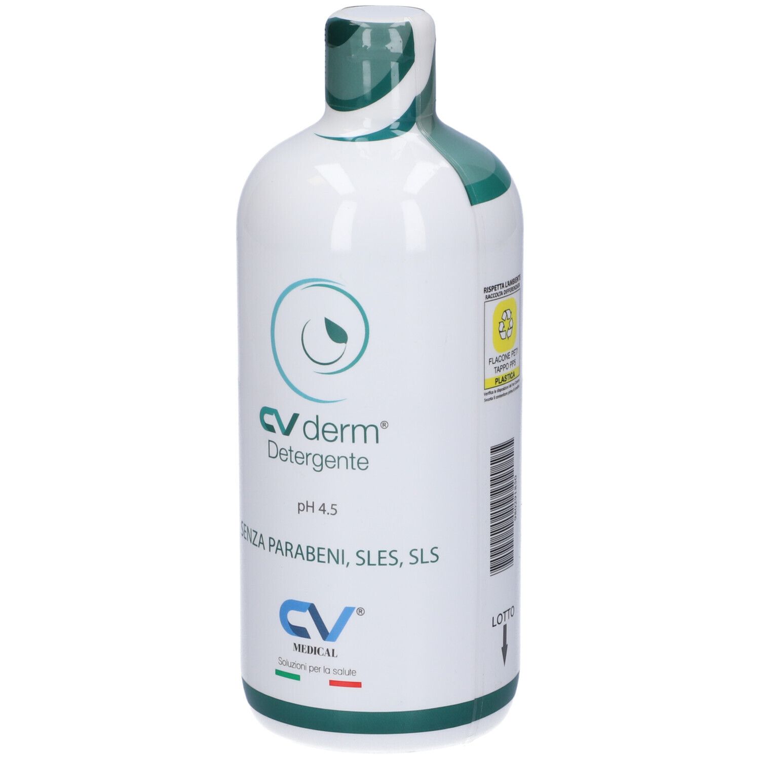 Flacone bianco con tappo verde. Scritta: CV derm Detergente, pH 4.5, SENZA PARABENI, SLES, SLS. Logo CV Medical. Con etichetta.
