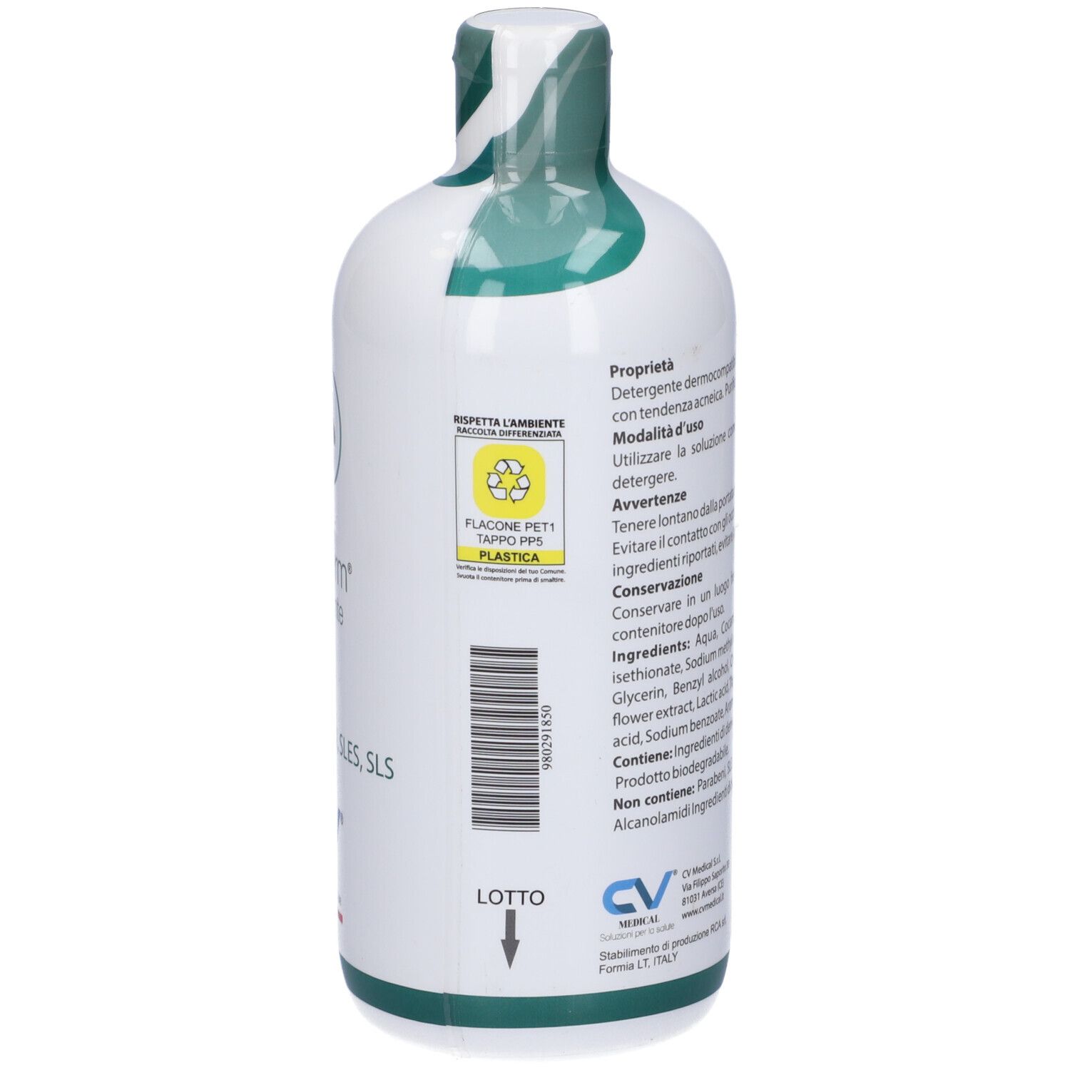 Retro del flacone bianco con tappo verde. Testo: ingredienti, modalità d'uso, avvertenze. 500 ml. Made in Italy. Non testato sugli animali.