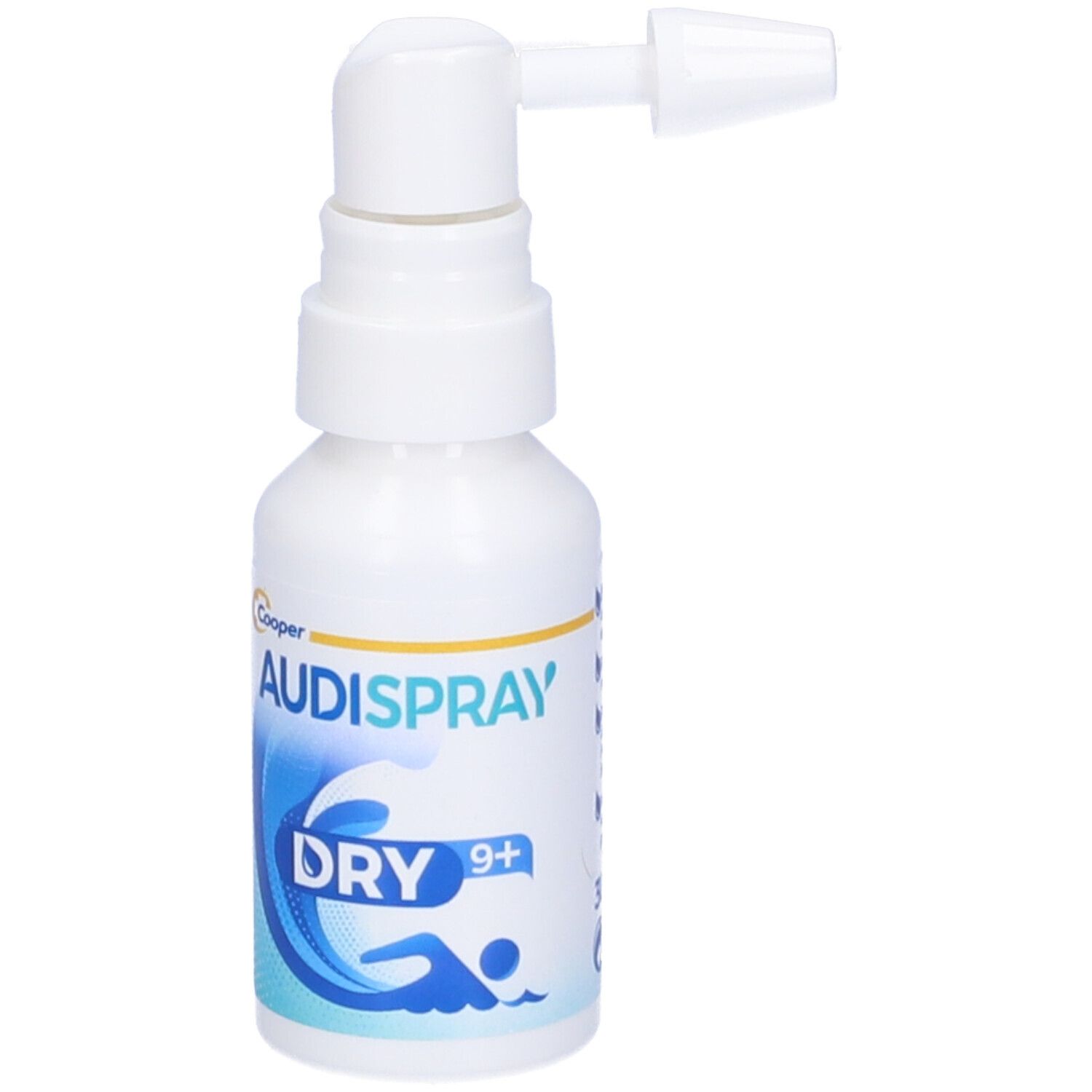 Flacone bianco Audispray Dry con erogatore. Nome del prodotto e logo sul flacone. Per bambini dai 9 anni in su.