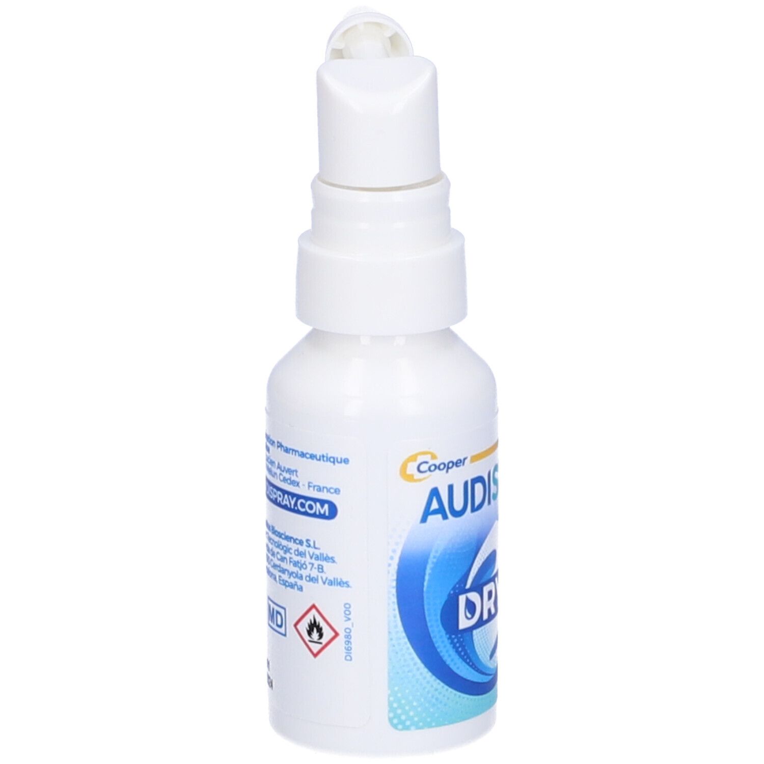 Flacone bianco Audispray Dry con erogatore. Retro con informazioni e logo. Per bambini dai 9 anni in su.