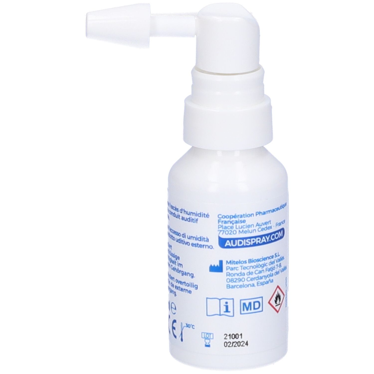 Flacone bianco Audispray Dry con erogatore. Retro con informazioni e logo. Per bambini dai 9 anni in su.