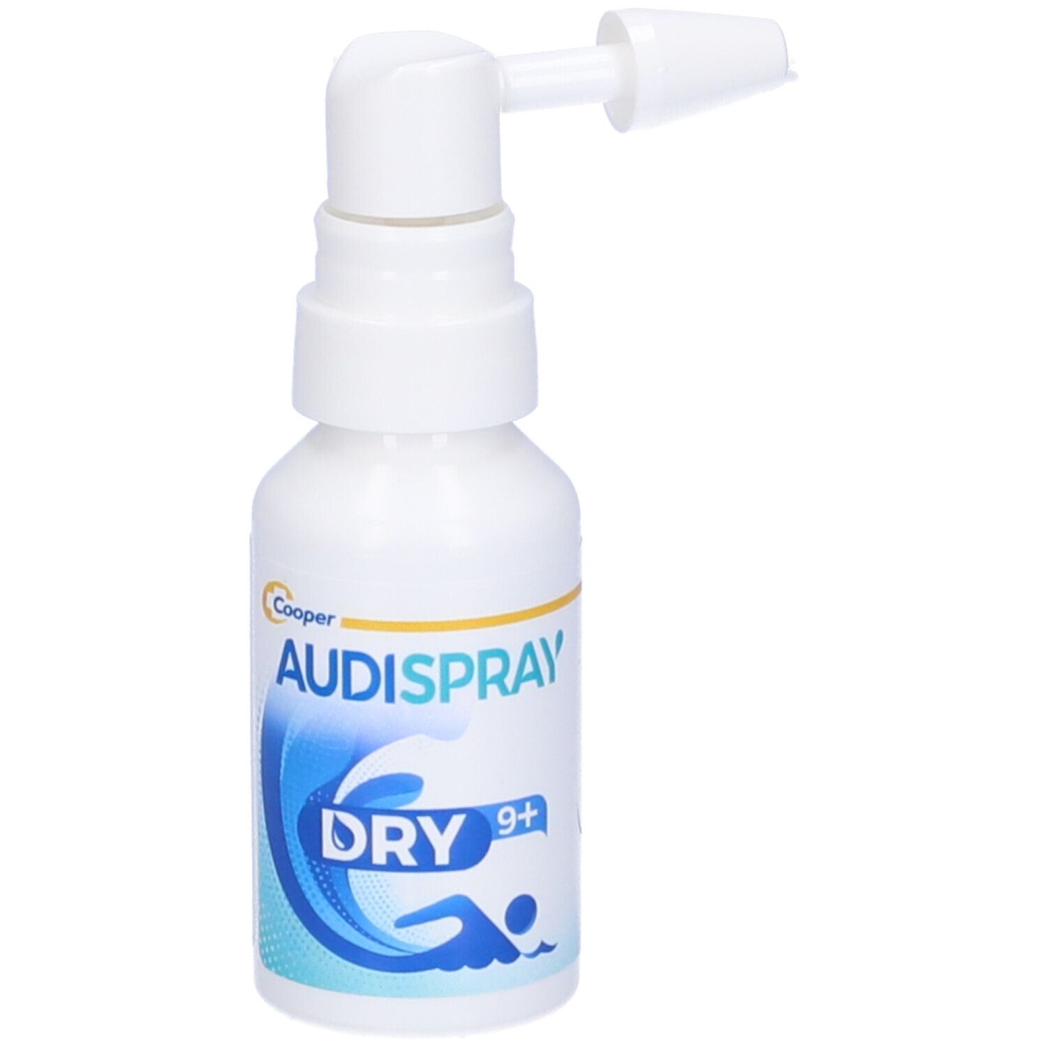 Flacone bianco Audispray Dry con erogatore. Nome del prodotto e logo sul flacone. Per bambini dai 9 anni in su.