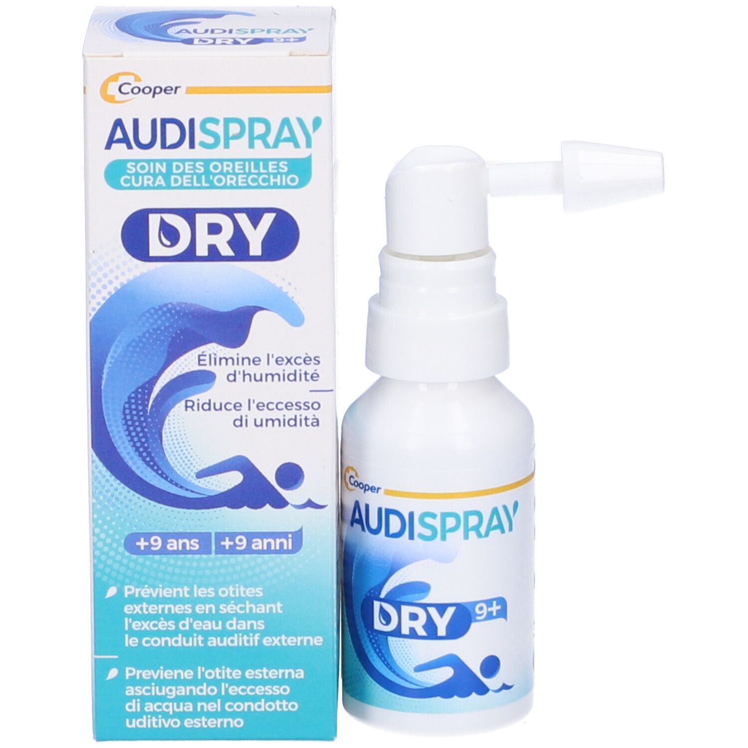 Flacone e confezione Audispray Dry. Flacone bianco con erogatore. Scatola con nome e logo del prodotto. Per bambini dai 9 anni in su.