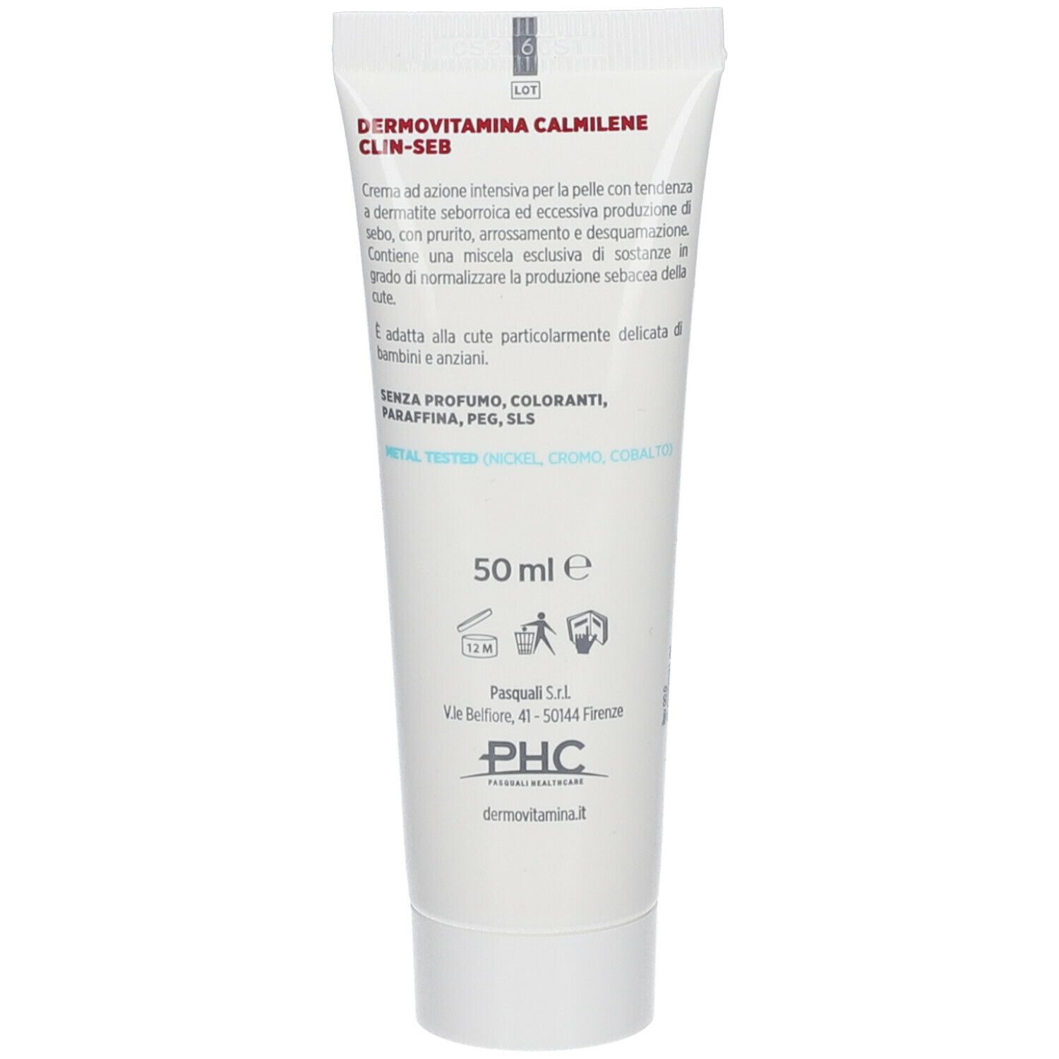 Retro del tubo di crema Dermovitamina Calmilene Clin-Seb. Contiene informazioni sugli ingredienti e il produttore.