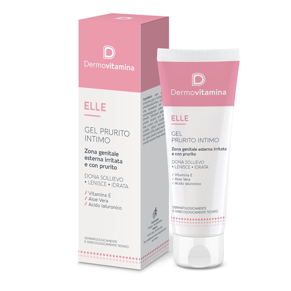 Tubo e scatola con testo del prodotto. Scritto: Dermovitamin Elle Gel Prurito Intimo. Confezione rosa e bianca.
