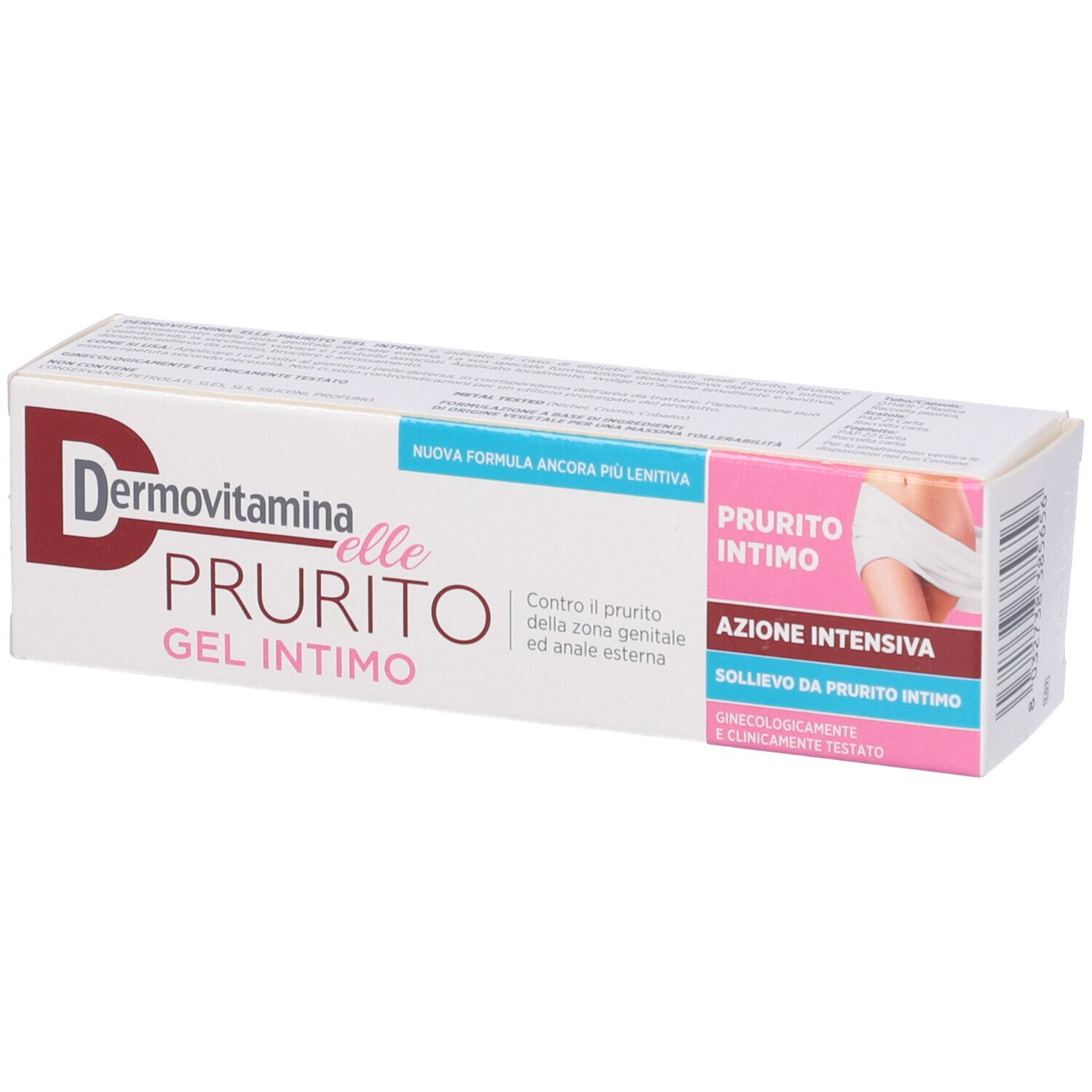 Scatola con testo del prodotto. Scritto: Dermovitamin Elle Prurito Gel Intimo. Rosa, bianco e blu.