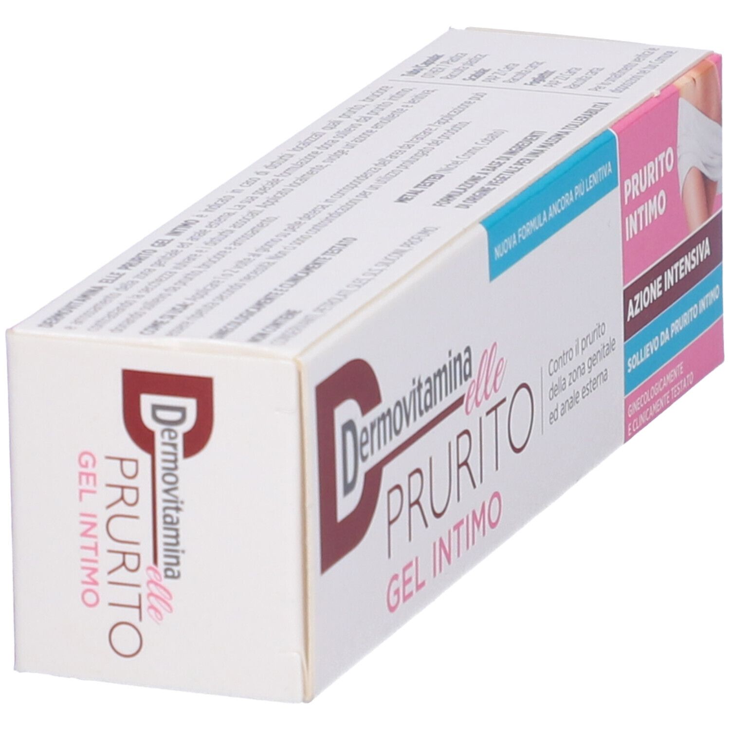 Scatola con testo del prodotto. Scritto: Dermovitamin Elle Prurito Gel Intimo. Rosa, bianco e blu.