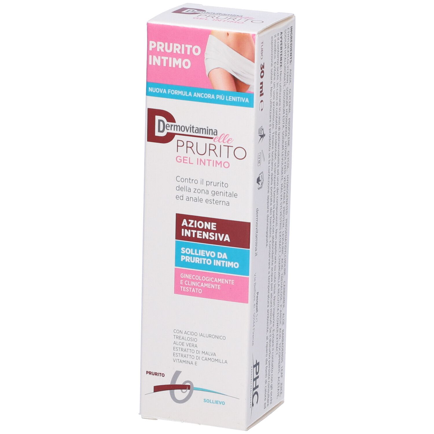 Scatola con testo del prodotto. Scritto: Dermovitamin Elle Prurito Gel Intimo. Rosa, bianco e blu.