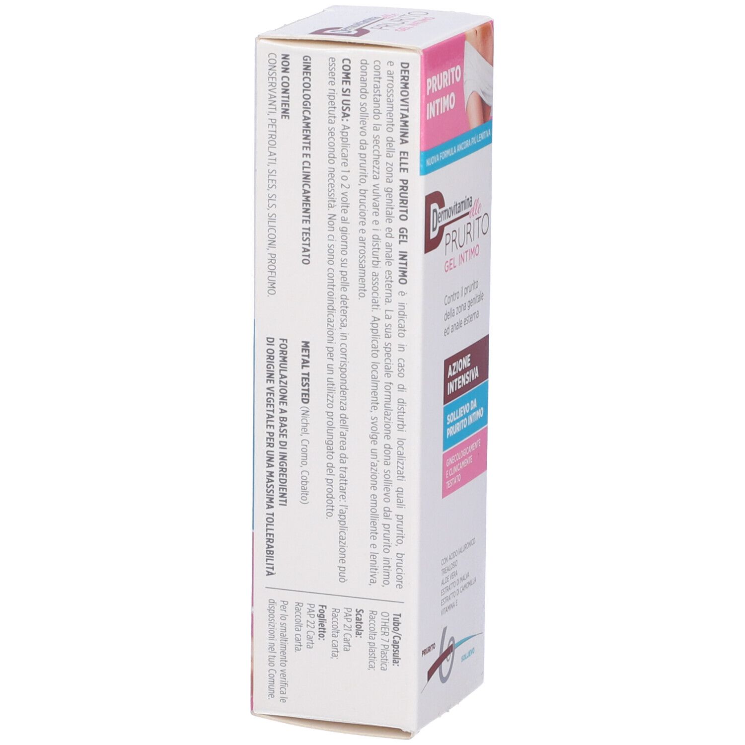 Scatola con testo del prodotto. Scritto: Dermovitamin Elle Prurito Gel Intimo. Rosa, bianco e blu.