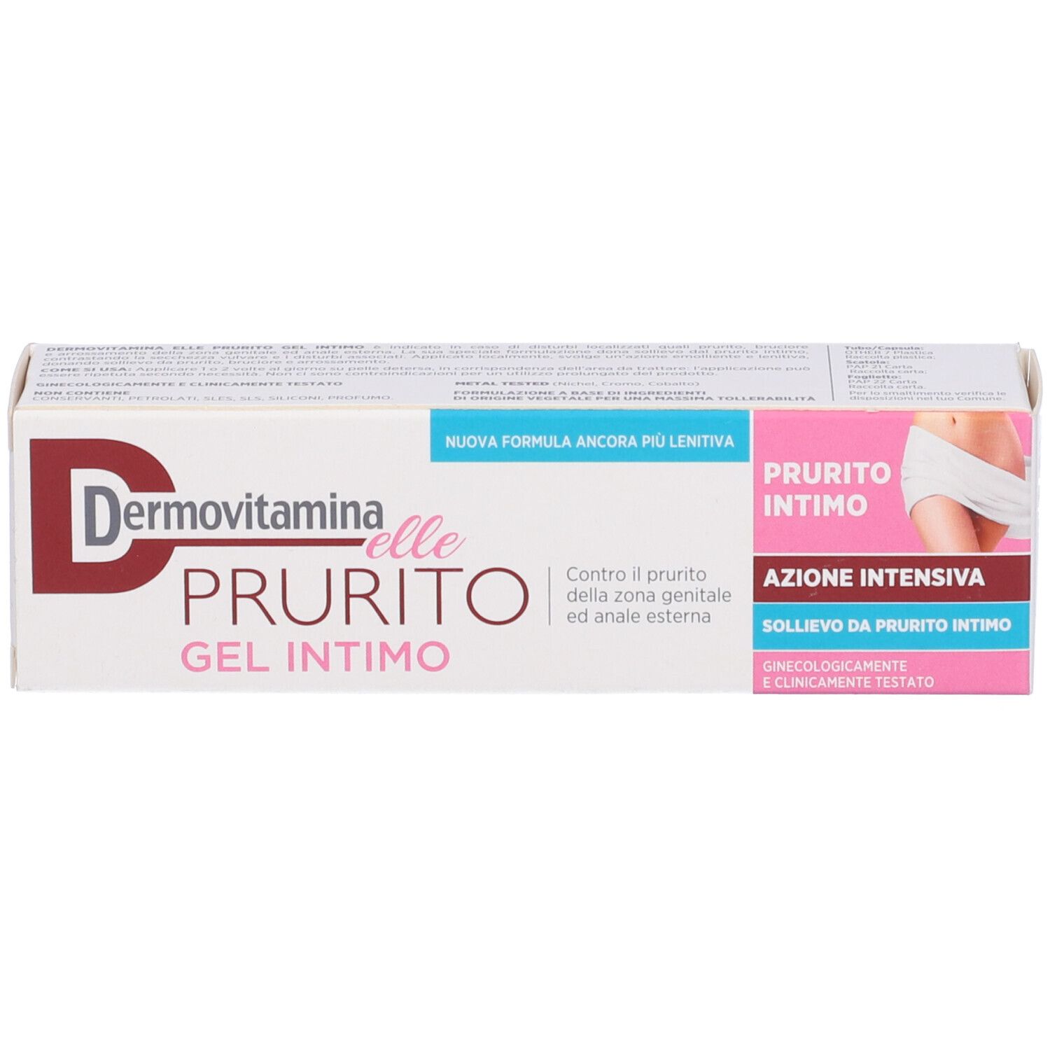 Scatola con testo del prodotto. Scritto: Dermovitamin Elle Prurito Gel Intimo. Rosa, bianco e blu.