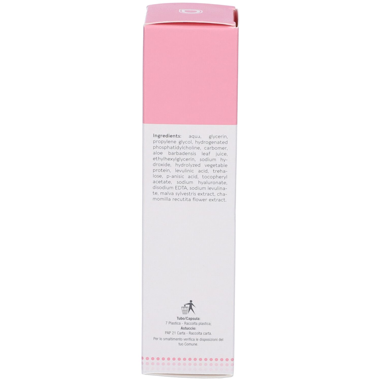 Seite der Dermovitamina Elle Intimgel Schachtel mit detaillierter Inhaltsstoffliste.