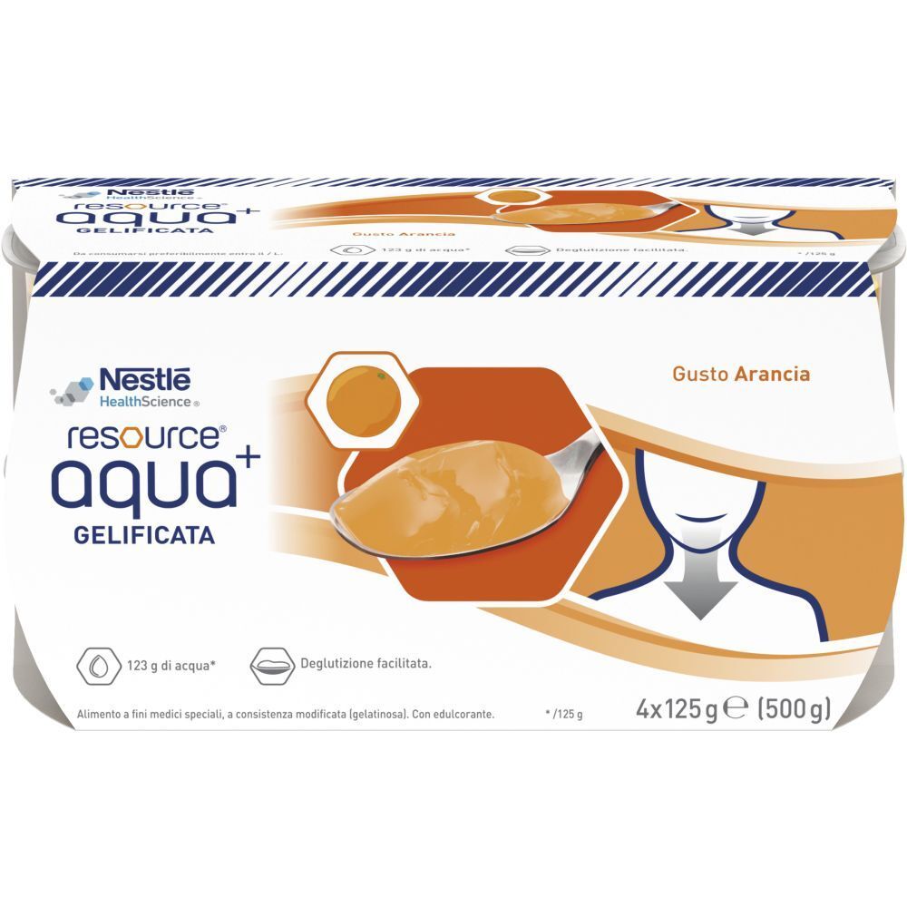 Nestlé Resource AQUA+ Gelificato, gusto Arancia. Confezione da 4 vasetti. Logo e nome del prodotto visibili.