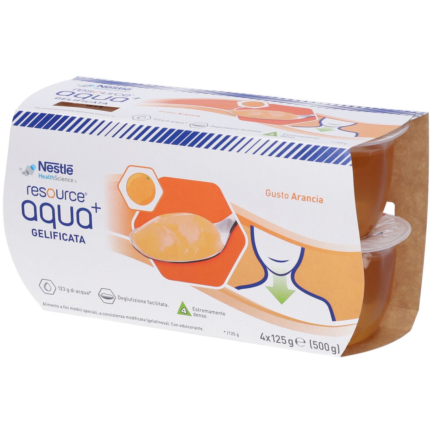 Nestlé Resource AQUA+ Gelificato, gusto Arancia. Confezione da 2 vasetti. Logo e nome del prodotto visibili.