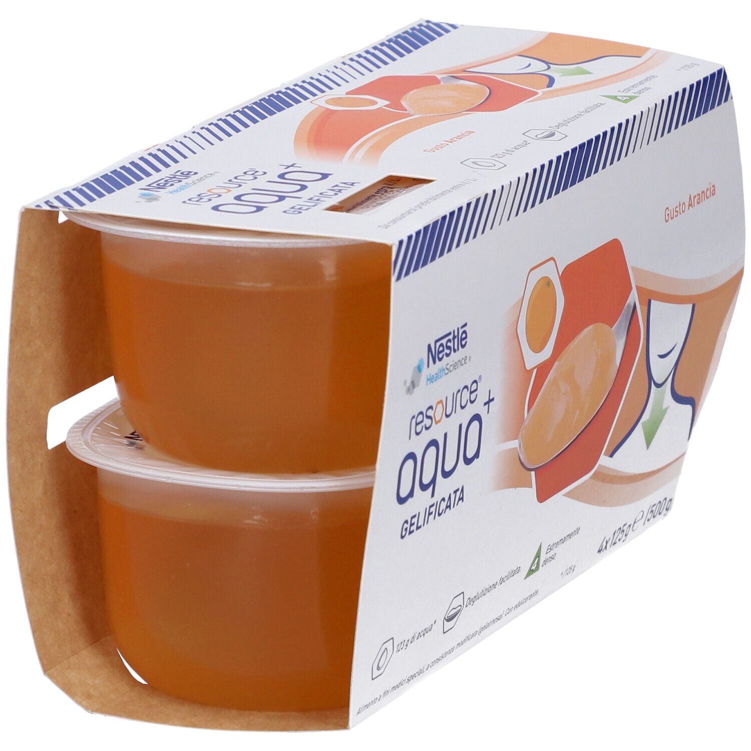 Nestlé Resource AQUA+ Gelificato, gusto Arancia. Confezione da 2 vasetti. Logo e nome del prodotto visibili.