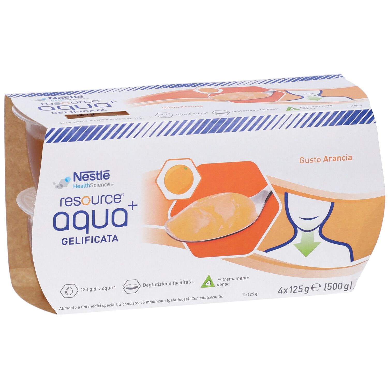 Nestlé Resource AQUA+ Gelificato, gusto Arancia. Confezione da 2 vasetti. Logo e nome del prodotto visibili.