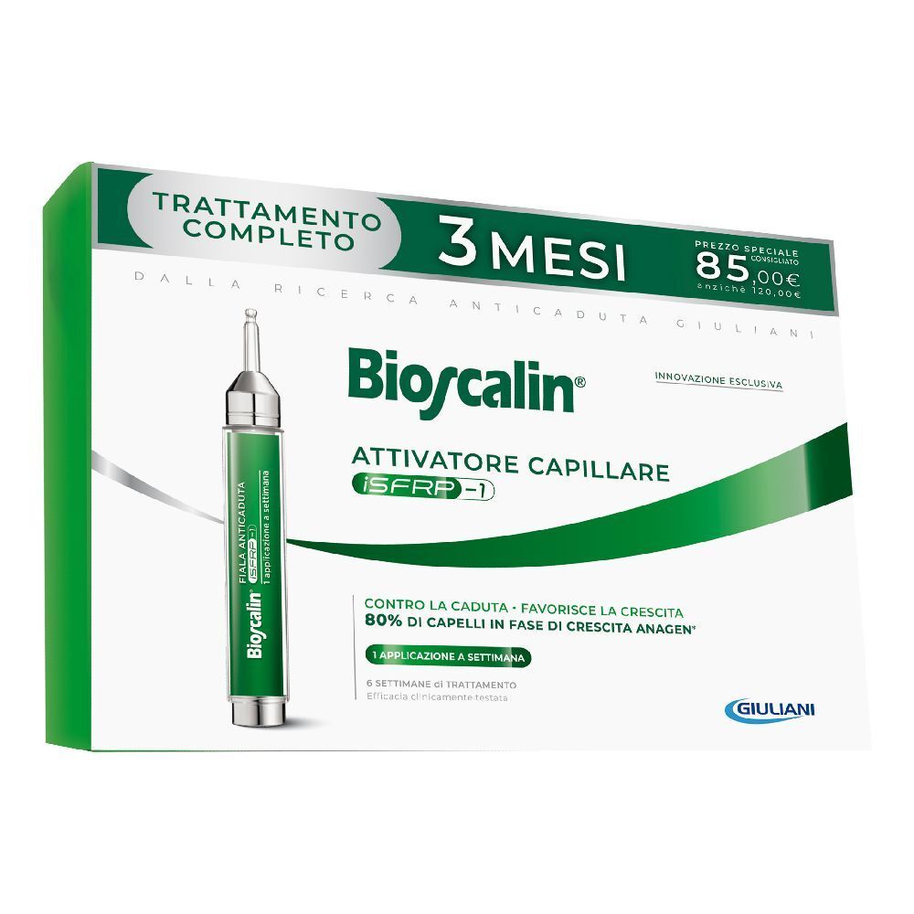 Confezione Bioscalin® iSFRP-1. Scatola verde e bianca con fiala. Testo: 3 mesi, trattamento completo, Giuliani.